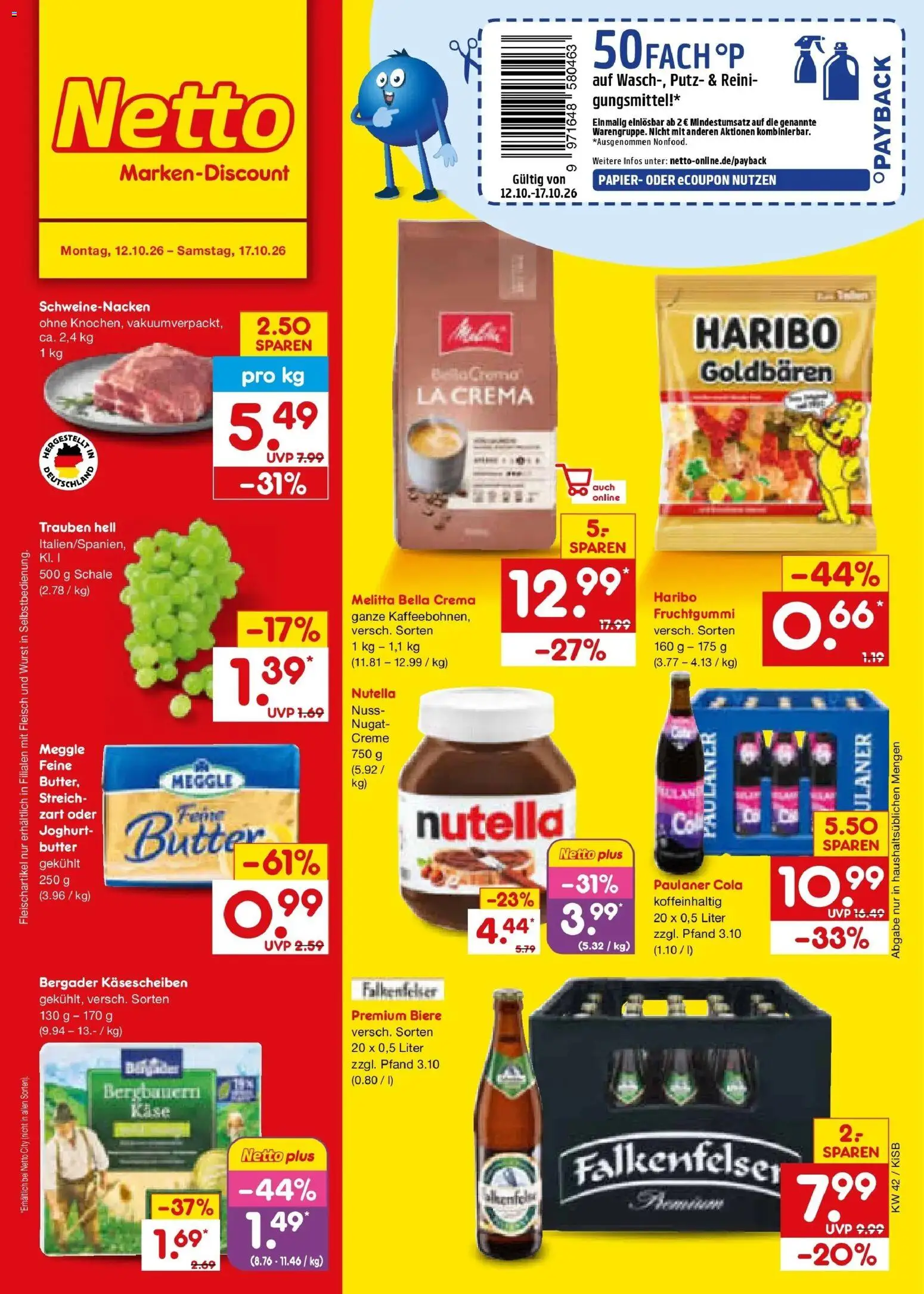 Netto Marken-Discount Prospekt Bad Friedrichshall (ab 12.10.2026) » Angebote | Seite: 1 | Produkte: Cola, Butter, Nutella, Fleisch