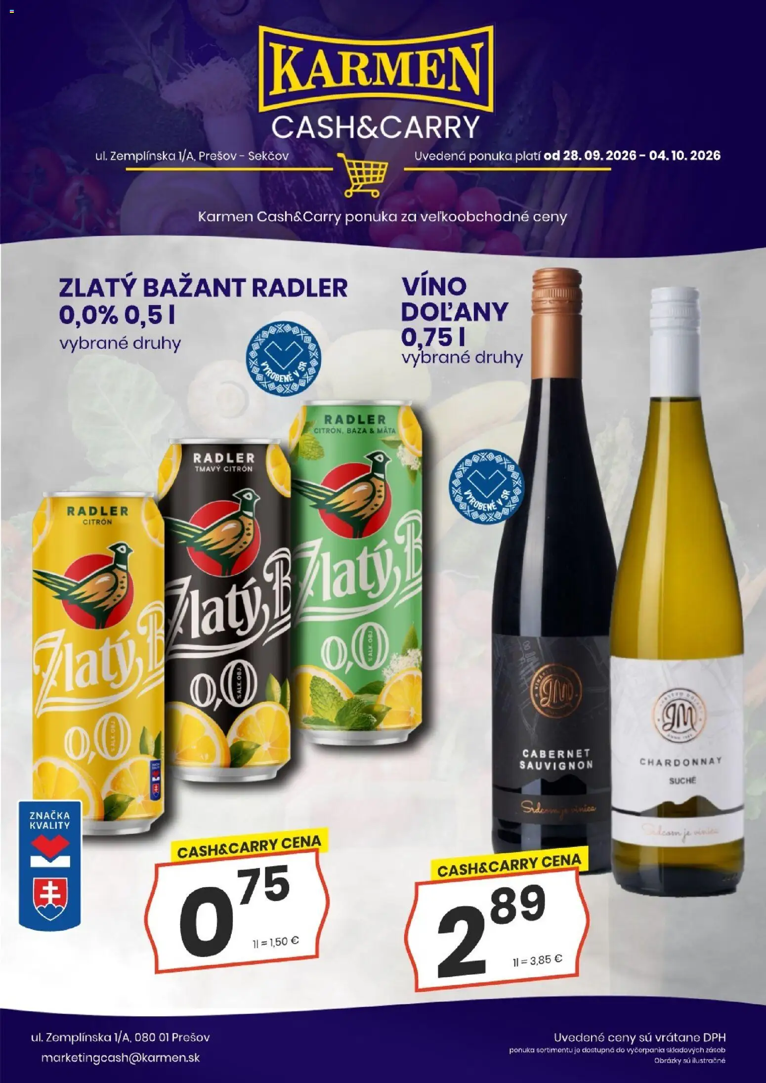 Nové KARMEN CBA akcie – leták je platný od 28.09.2026 | Strana: 2 | Produkty: Víno, Radler, Zlatý Bažant