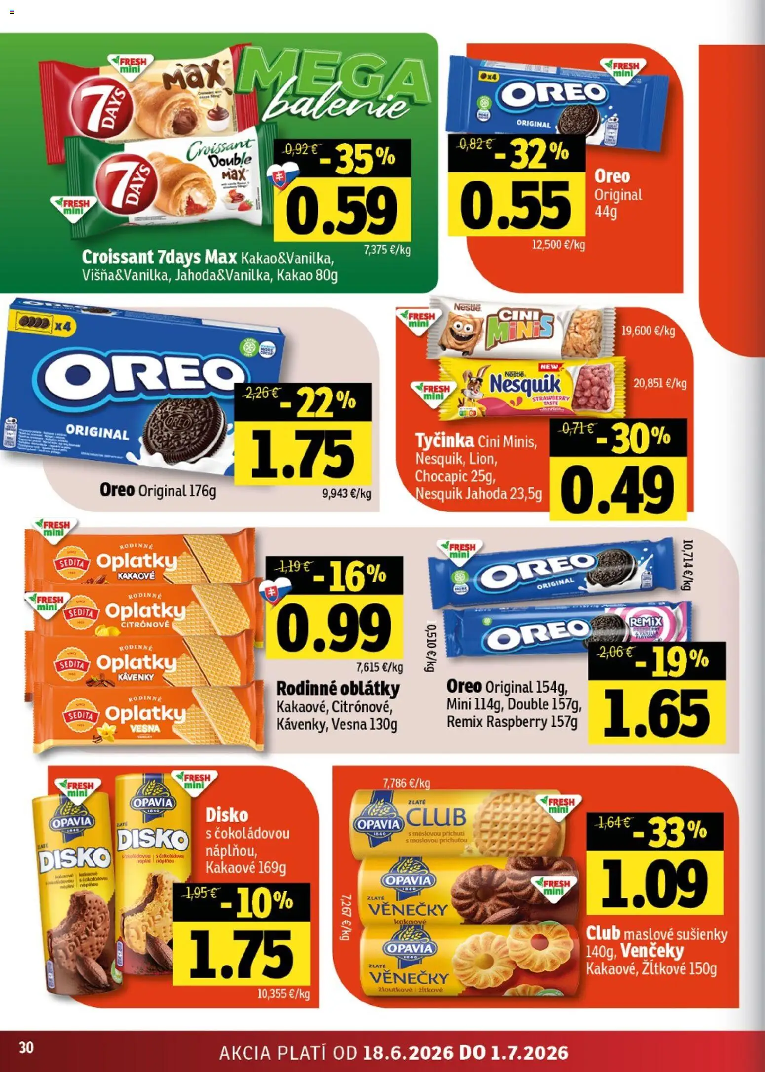 Nové Fresh akcie – leták je platný od 18.06.2026 | Strana: 30 | Produkty: Chocapic, Maslove sušienky, Nesquik, Kakao
