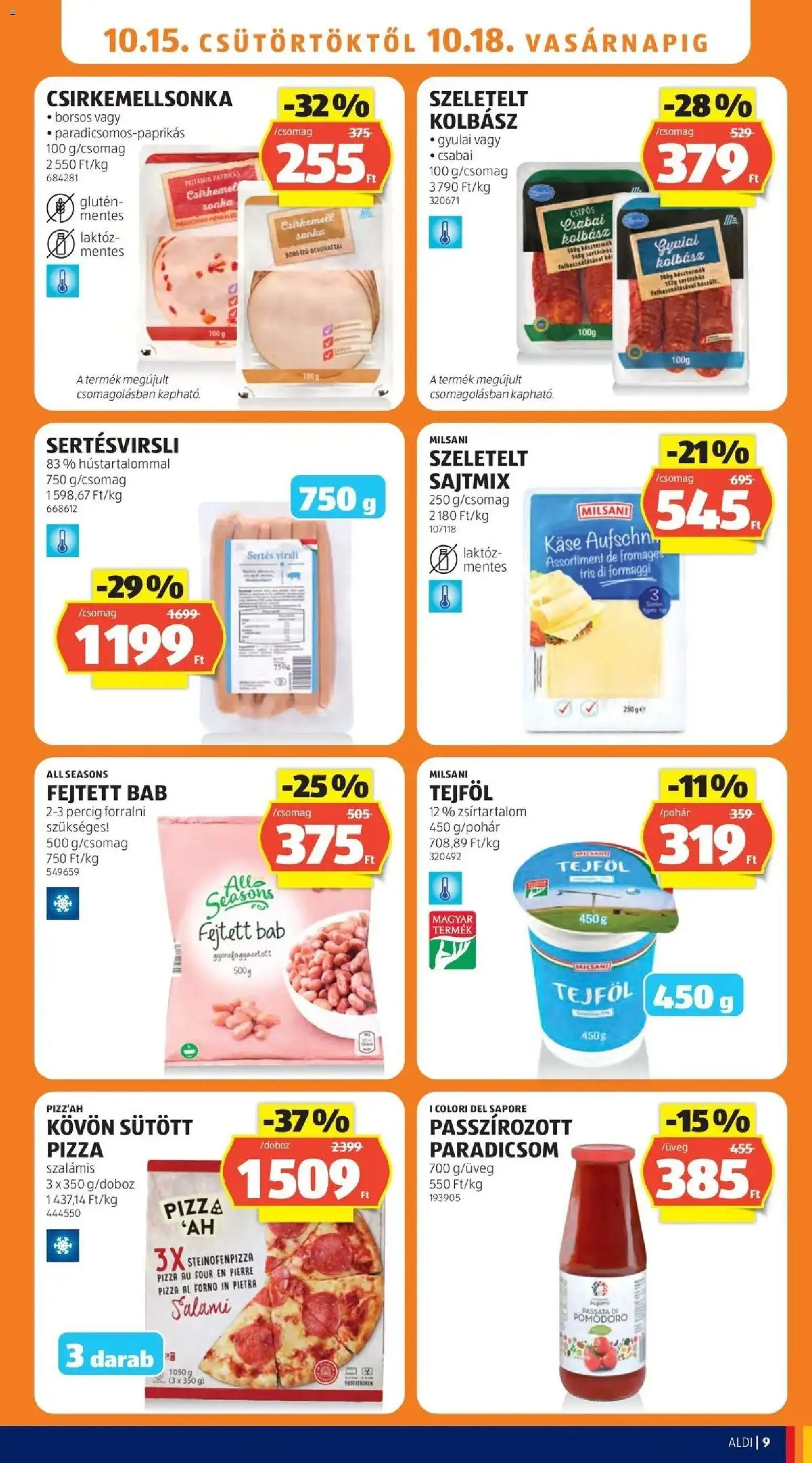 Aldi akciós ujság - amely érvényes a következő dátumtól: 2026.10.15. | Oldal: 9 | Termékek: Kolbász, Sertéshas, Doboz, Szalámi