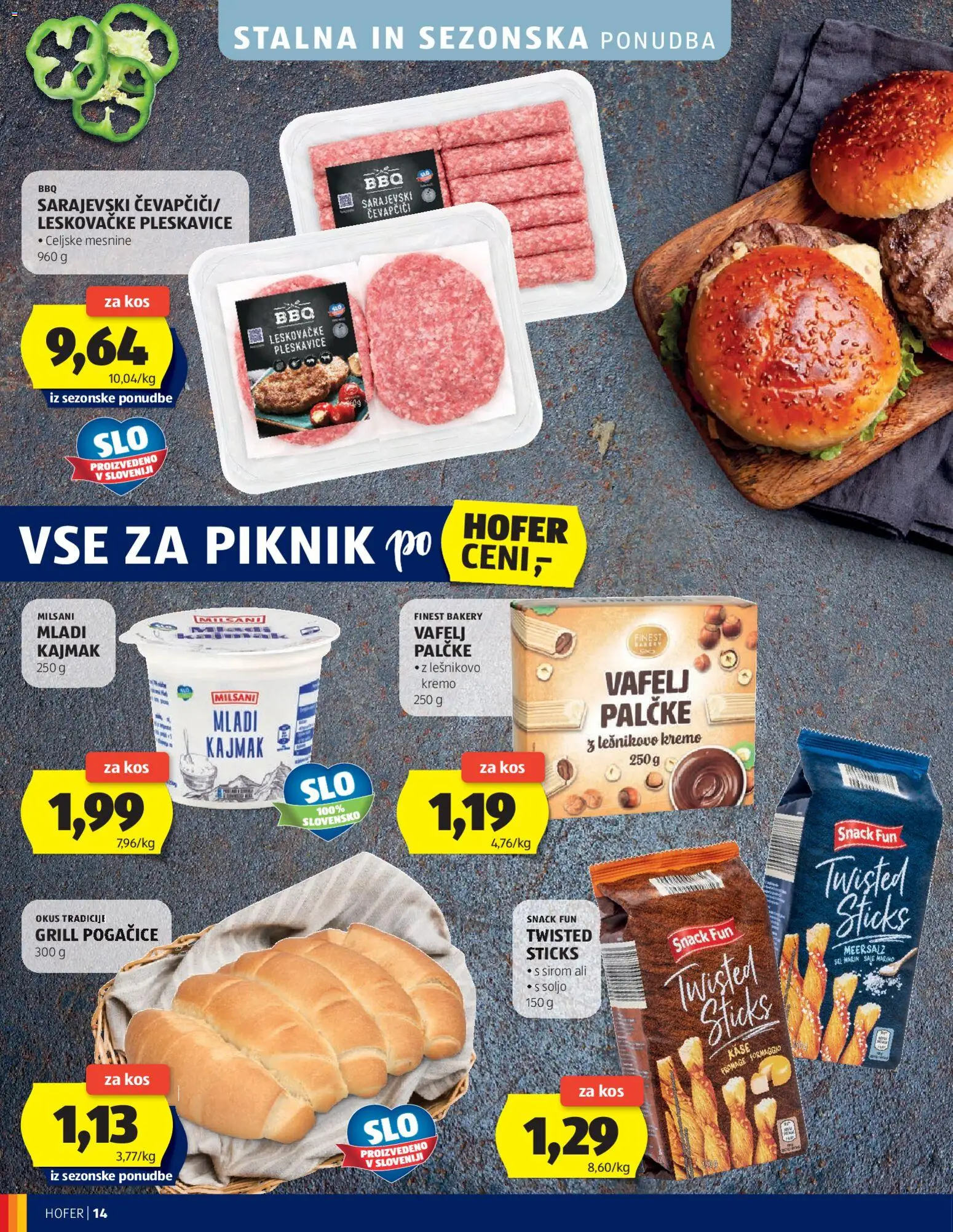 Novi Hofer katalog ponudbe – veljaven od 29.07.2026 | Stran: 14 | Izdelki: Čevapčiči, Pleskavice, Kos, Grill