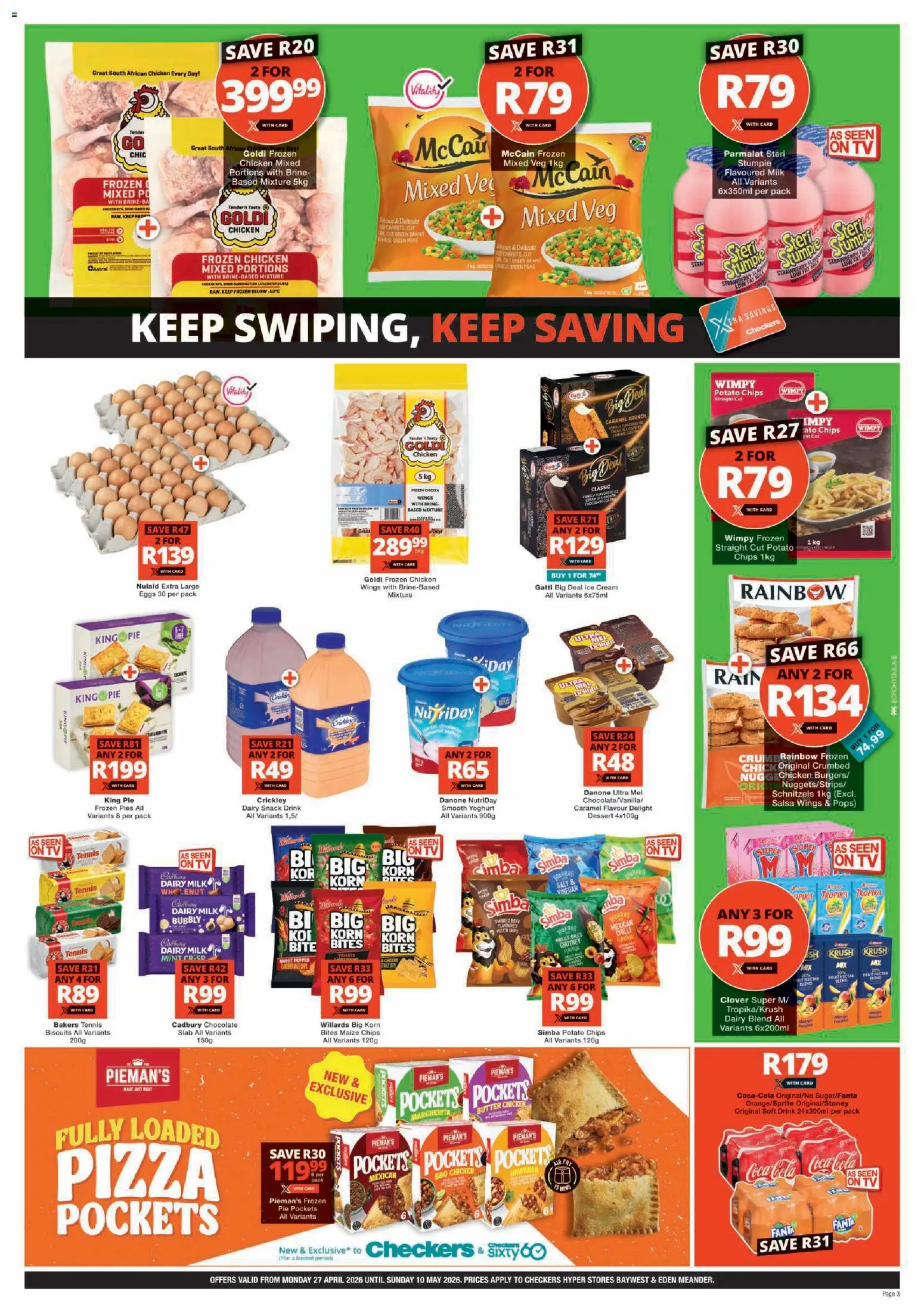 New Checkers catalogue – valid from 27.04.2026 | Page: 3 | Products: Milk, Biscuits, Fanta, Ice cream