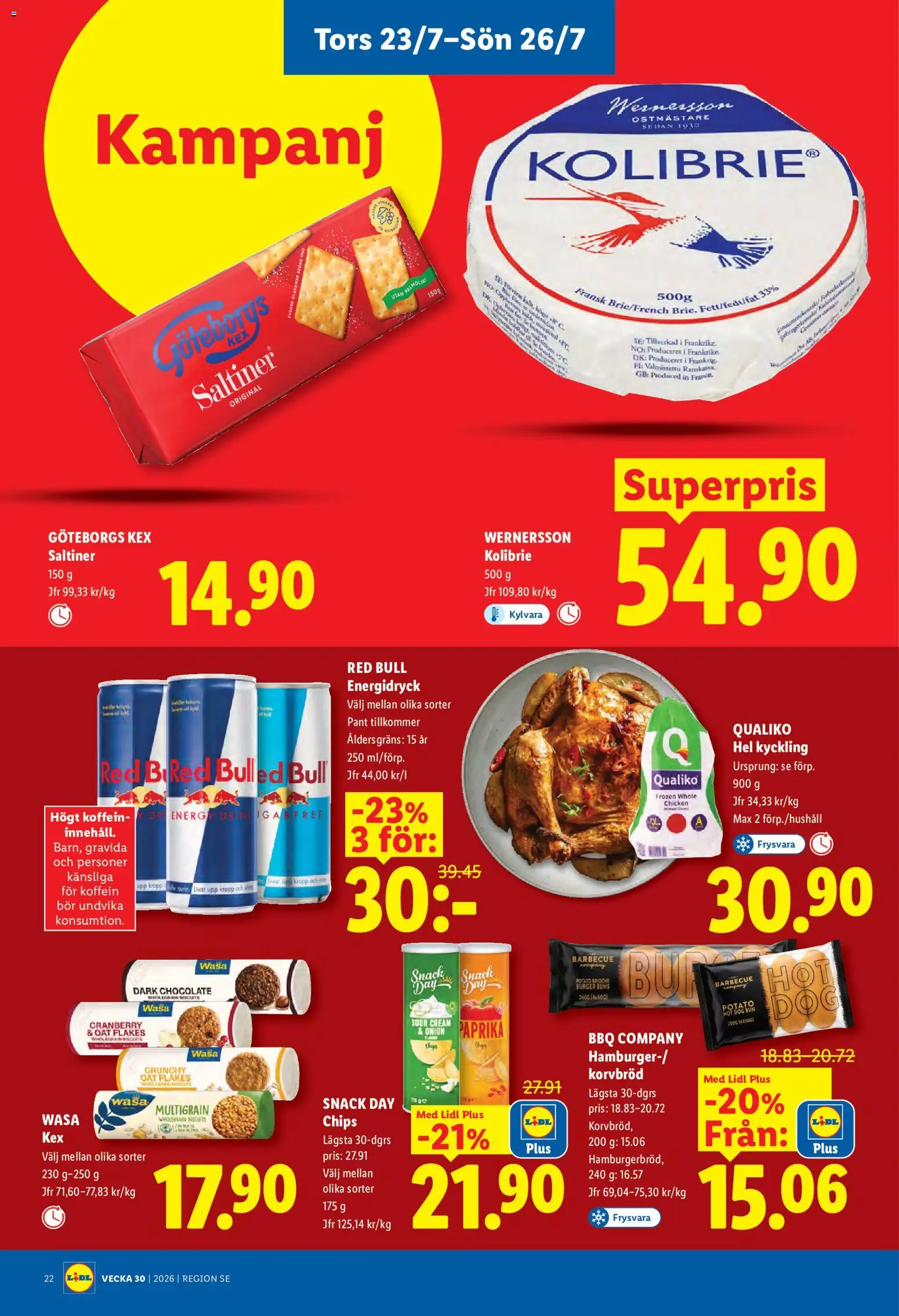 Lidl reklamblad aktuell från 20/07/2026 | Sida: 27 | Produkter: Red bull, Kex, Chips, Korvbröd