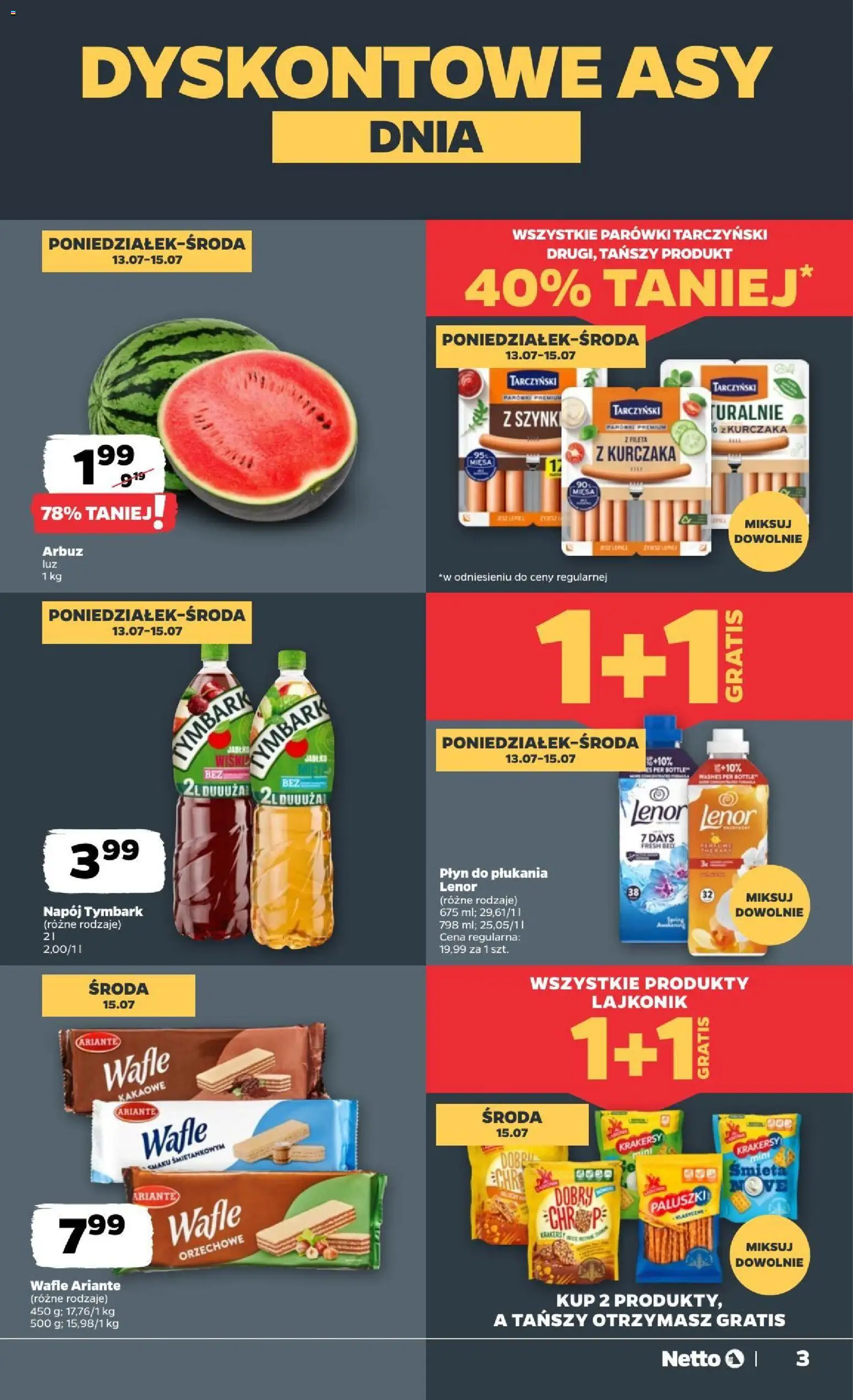 Netto gazetka od poniedziałku od 13.07.2026 | Strona: 3 | Produkty: Płyn do płukania, Parówki, Płyn do płukania Lenor, Lenor płyn do płukania