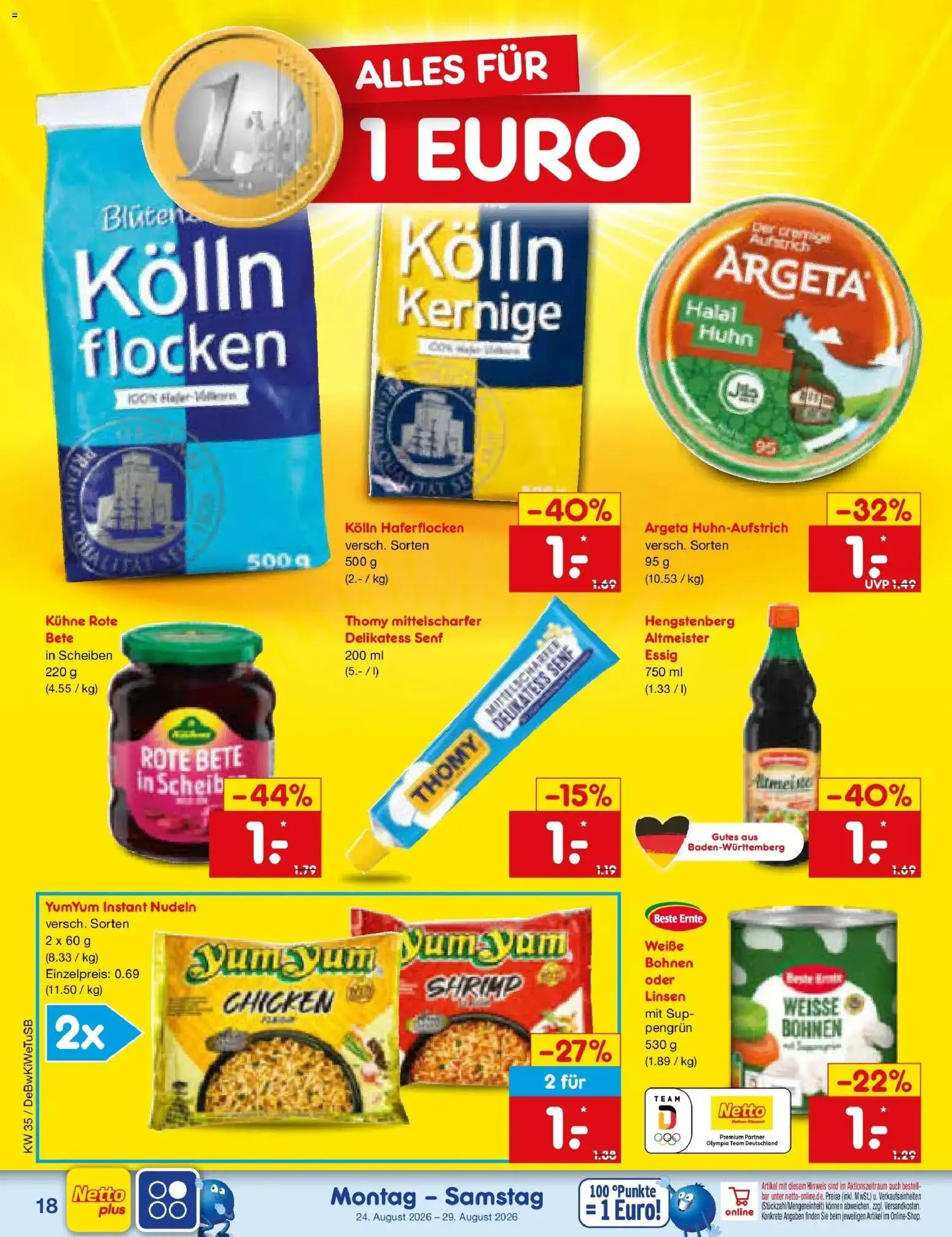 Netto Marken-Discount Prospekt Bad Friedrichshall (ab 24.08.2026) » Angebote | Seite: 28 | Produkte: Kolln, Essig, Nudeln, Flocken