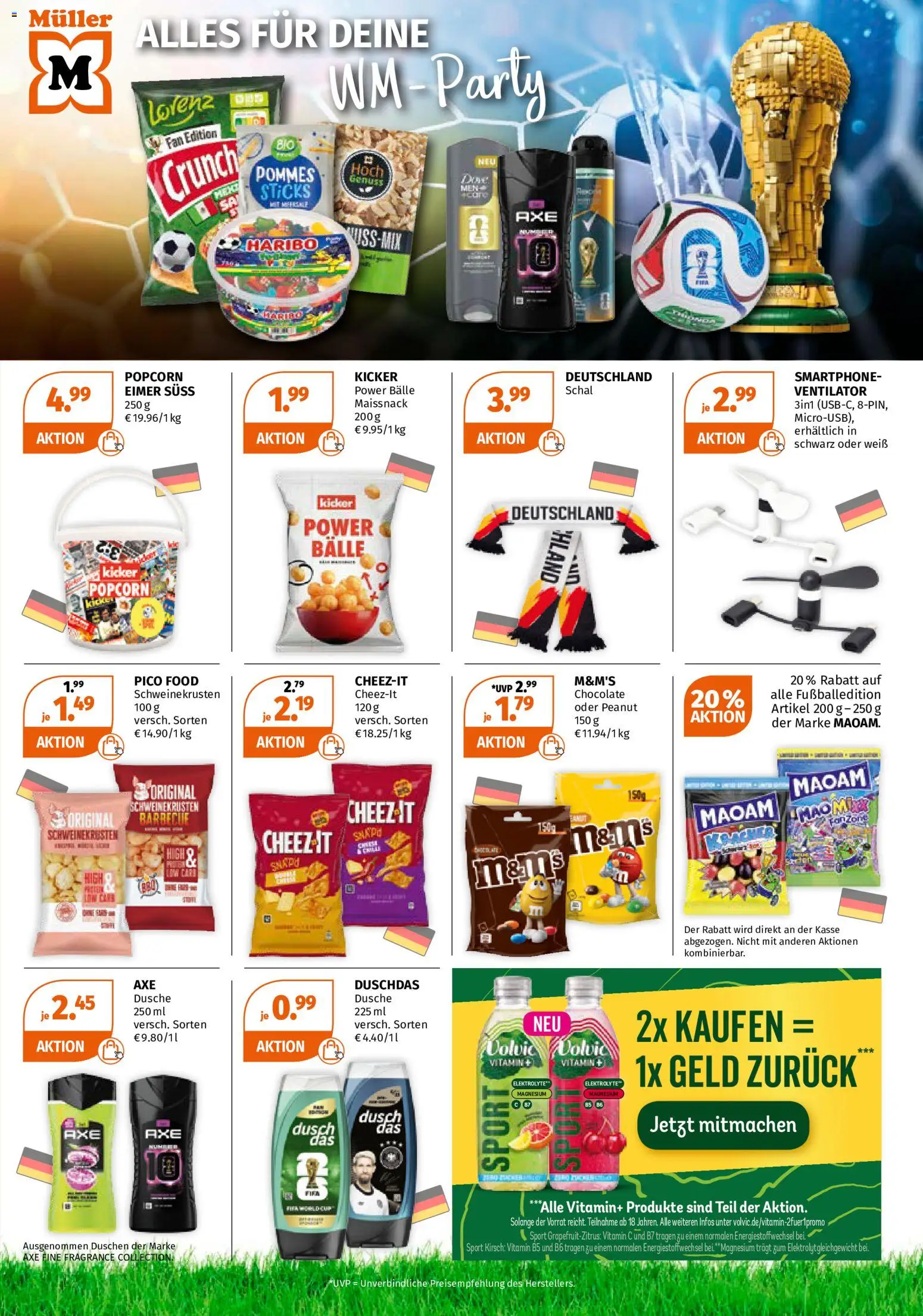 Müller Sommerangebote – gültig ab 01.06.2026 | Seite: 14 | Produkte: Dusche, Pommes, Schal, Volvic