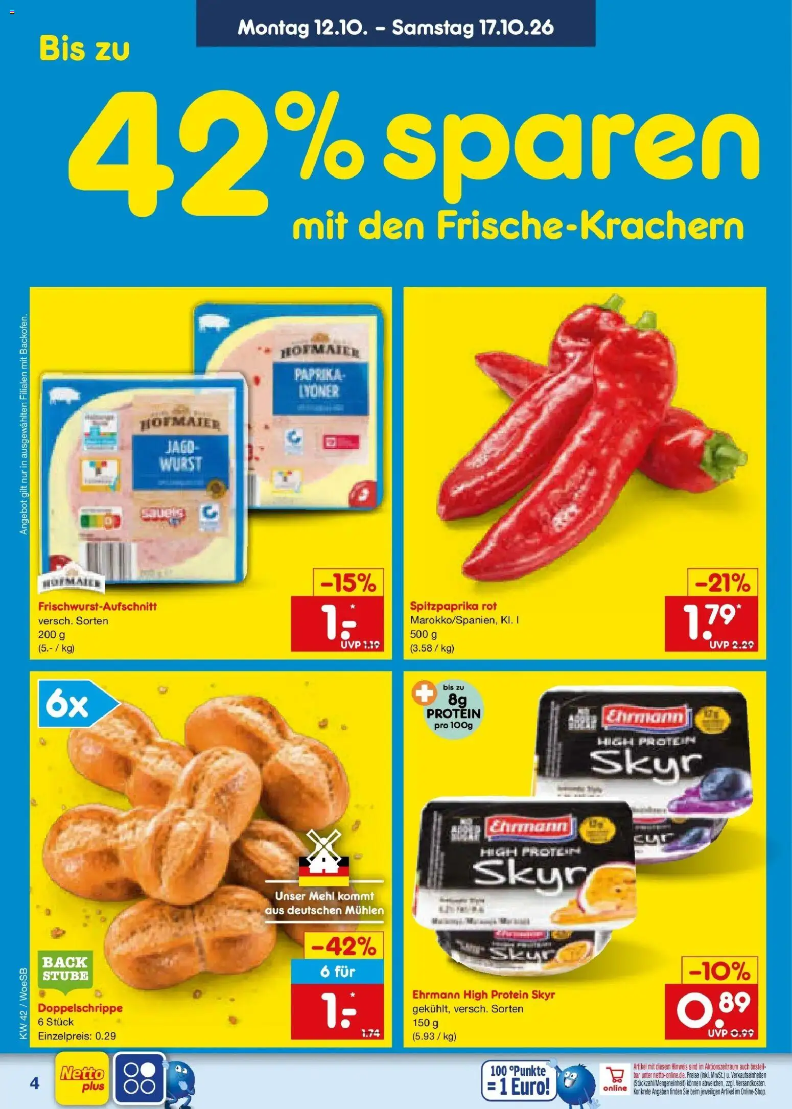Netto Marken-Discount Prospekt Leonberg (ab 12.10.2026) » Angebote | Seite: 4 | Produkte: Mehl, Skyr, Paprika, Wurst