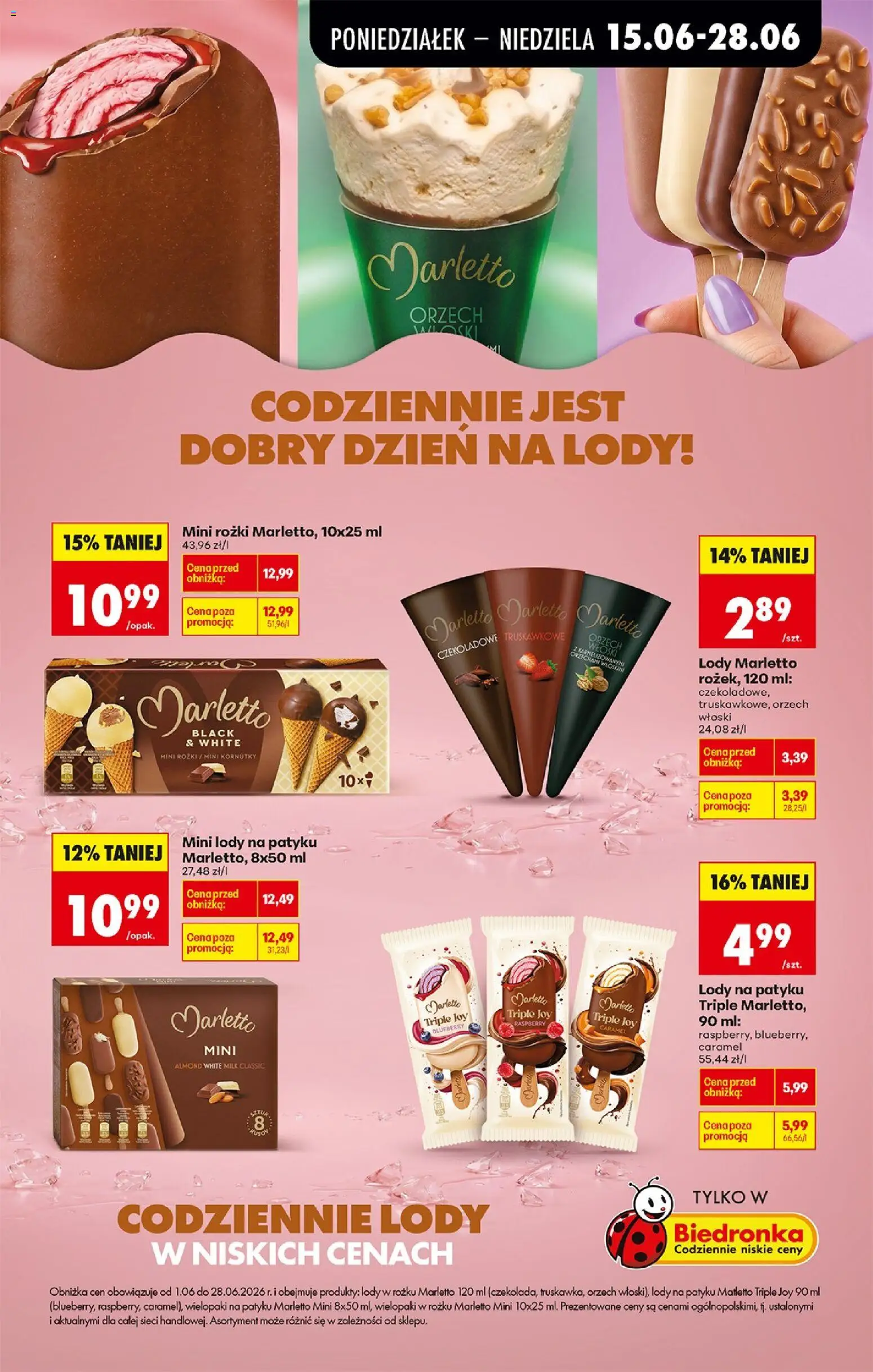 Biedronka gazetka od poniedziałku od 15.06.2026 | Strona: 25 | Produkty: Lody na patyku, Lody Marletto, Lody, Mini rożki