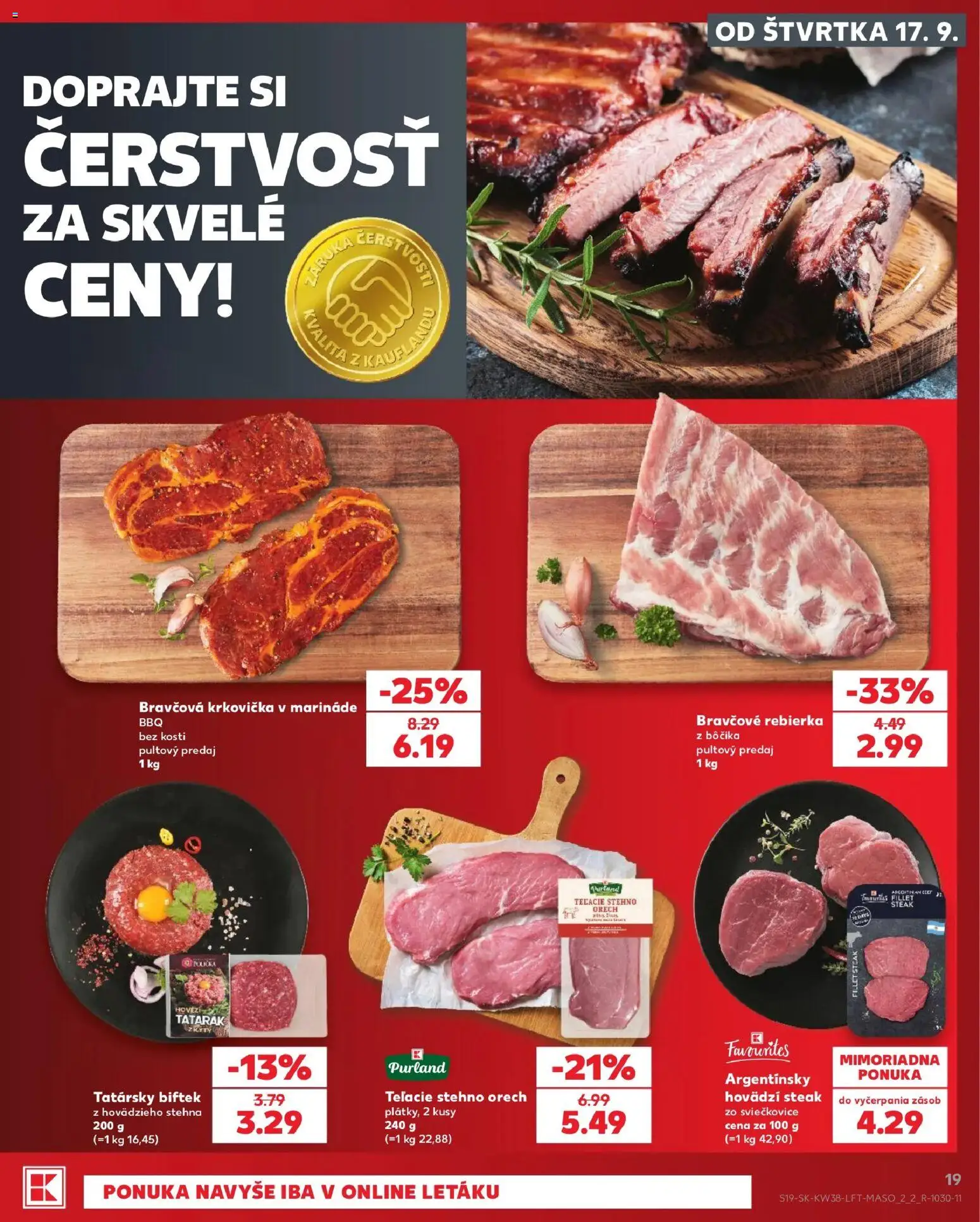 Nové Kaufland akcie – leták je platný od 17.09.2026 | Strana: 19 | Produkty: Tatársky biftek, Krkovička, Tatarák, Stehná