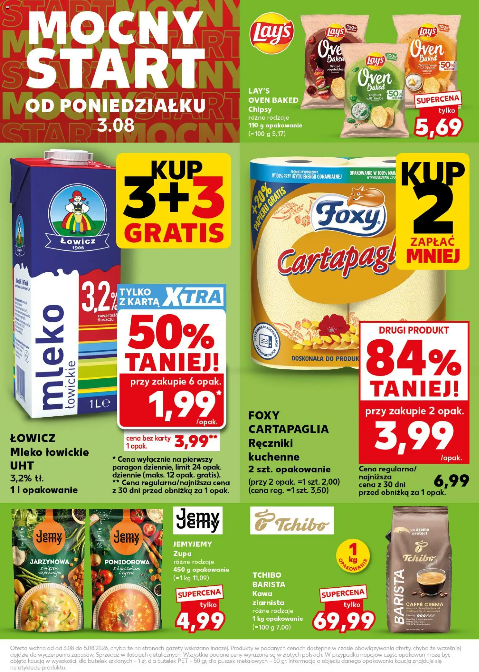 Kaufland Polsko leták - Mocny start od 03.08.2026 | Strana: 5 | Produkty: Mléko, Tchibo barista, Lay's, Karty
