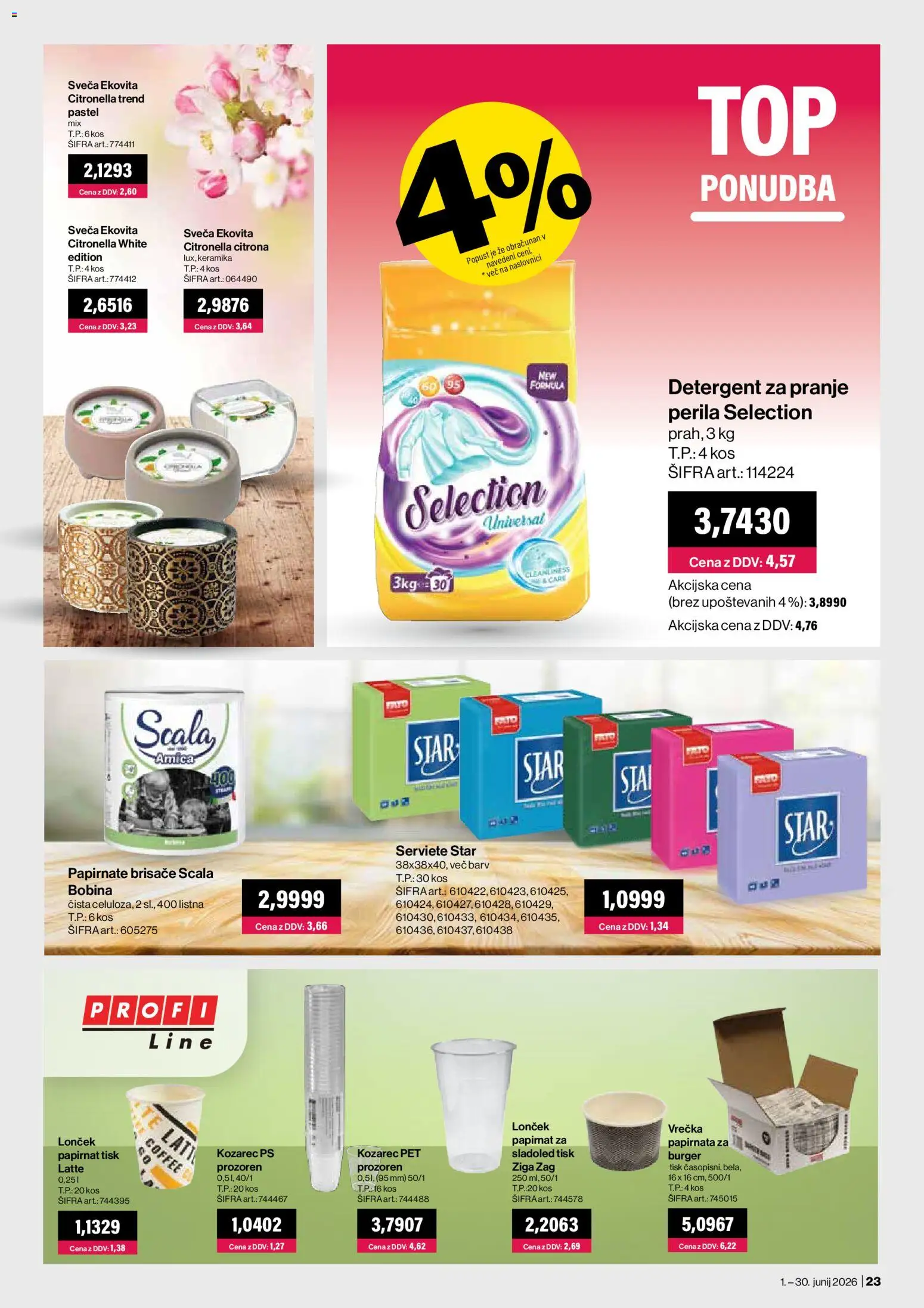 Novi Mercator katalog ponudbe – veljaven od 01.06.2026 | Stran: 23 | Izdelki: Kozarec, Sveča, Papirnate brisače, Detergent