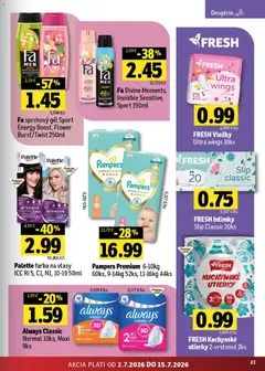 Fresh leták platný od 02.07.2026 | Strana: 43 | Produkty: Farba na vlasy, Sprchový gél, Pampers