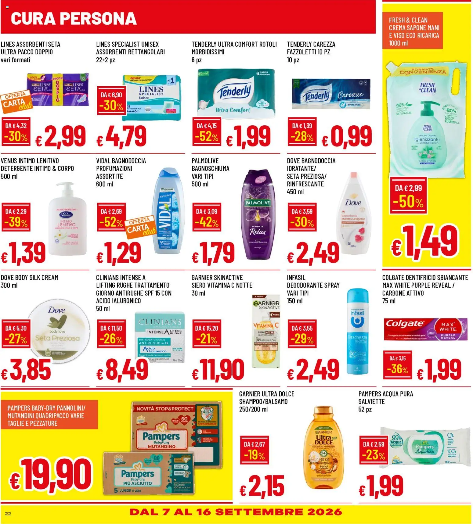 Volantino Galassia del 03/09/2026 | Pagina: 22 | Prodotti: Bagnoschiuma, Dentifricio, Fazzoletti, Pampers