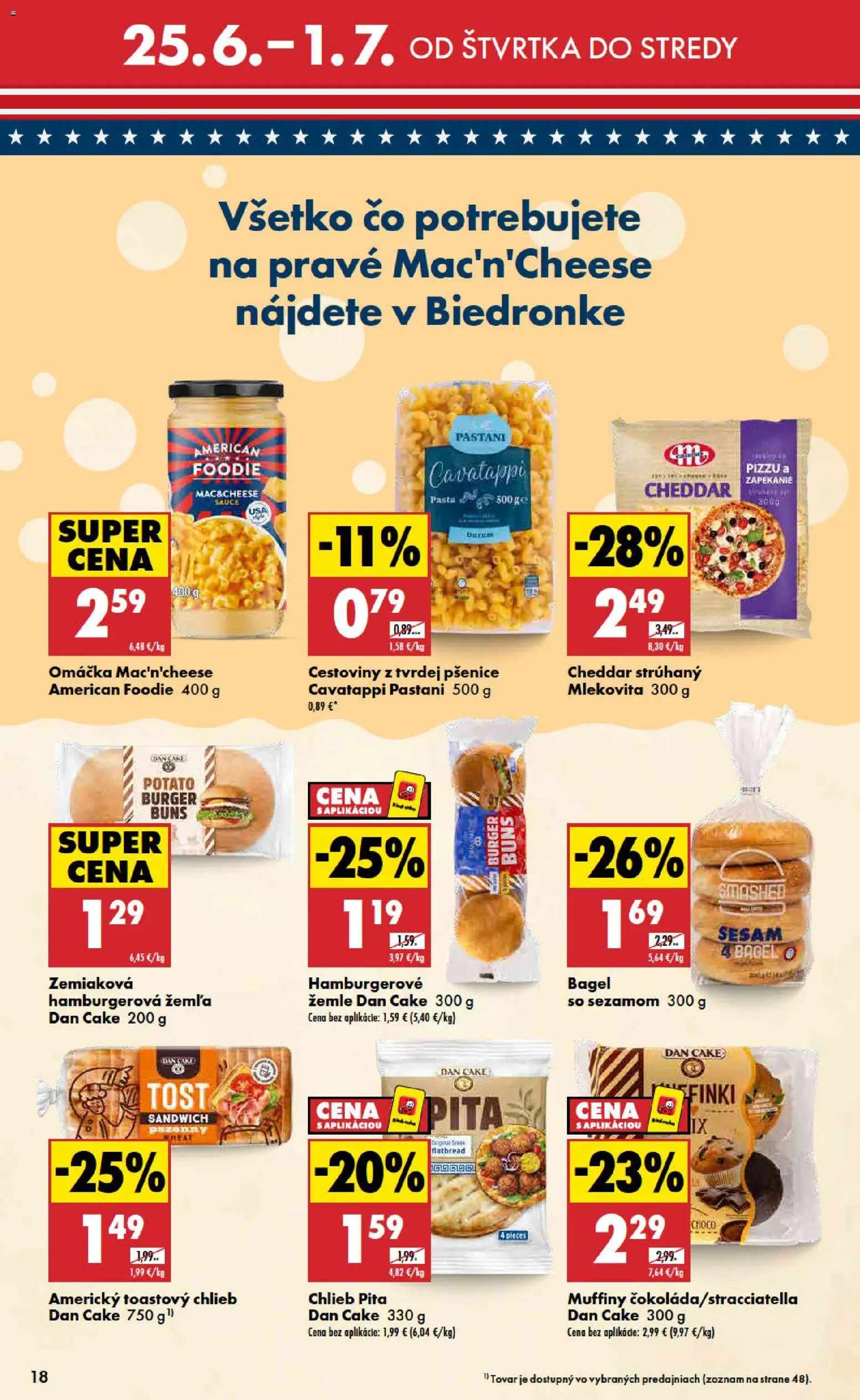 Nové Biedronka akcie – leták je platný od 25.06.2026 | Strana: 18 | Produkty: Chlieb, Cestoviny, Hamburgerové žemle, Omáčka