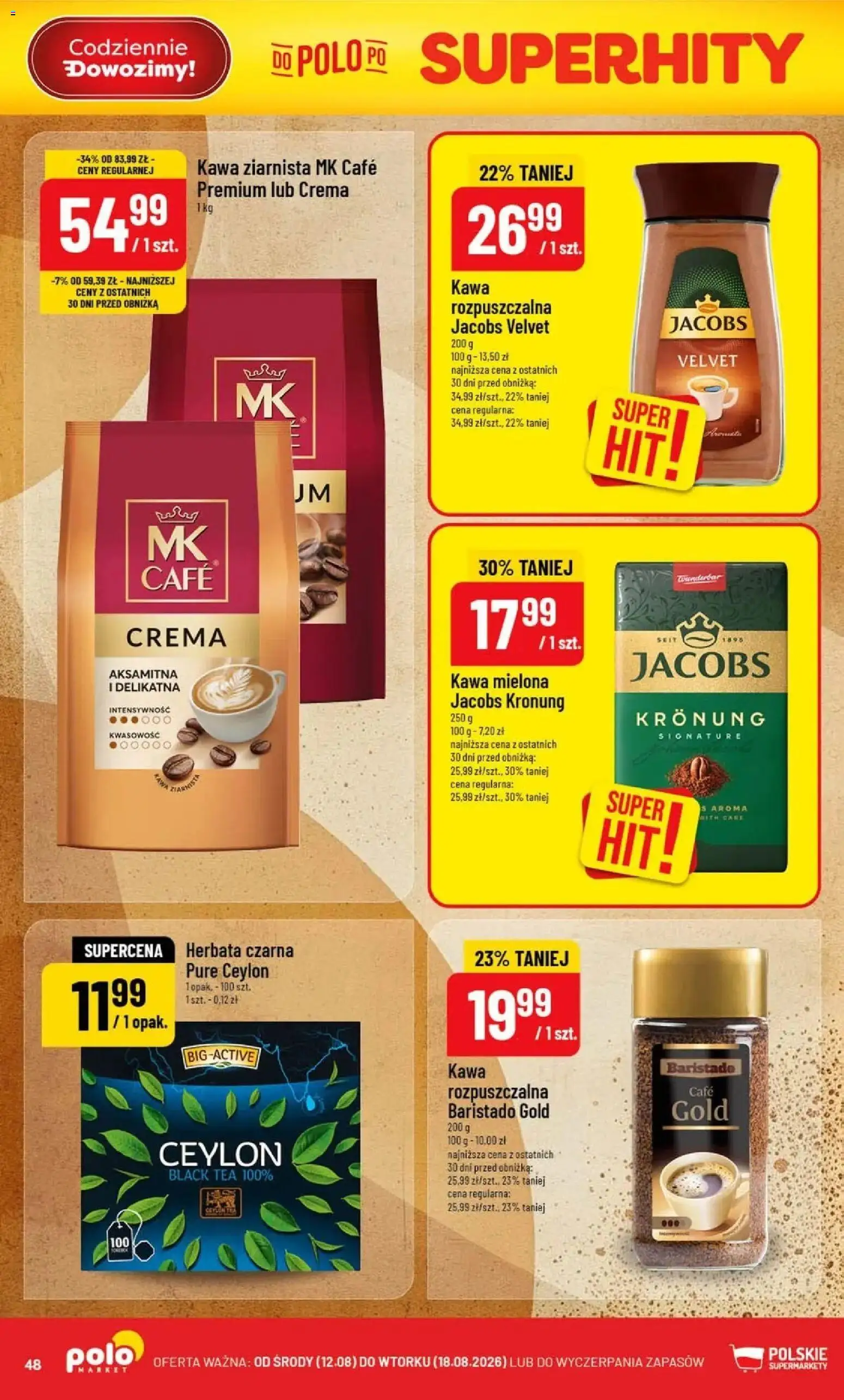 Nowa POLOmarket gazetka od jutra 12.08.2026 | Strona: 48 | Produkty: Herbata czarna, Jacobs, Kawa, Herbata