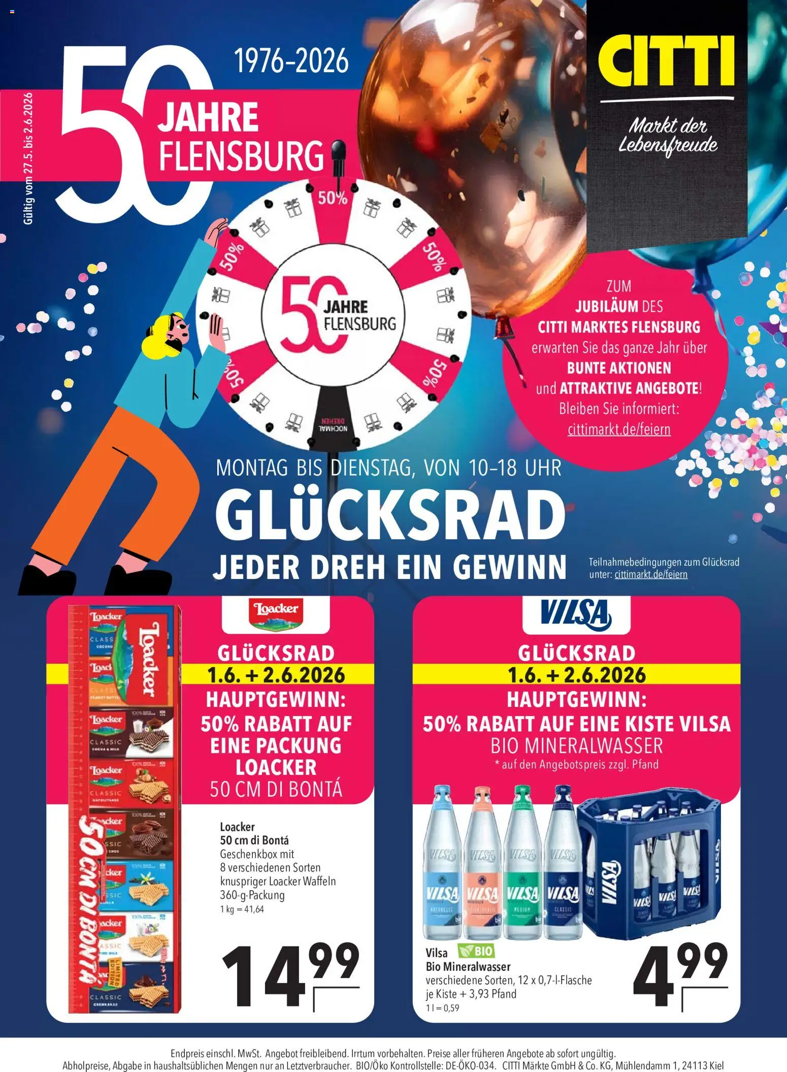 CITTI Markt 50 Jahre Flensburg – gültig ab 27.05.2026 | Seite: 1 | Produkte: Mineralwasser, Waffeln, Uhr