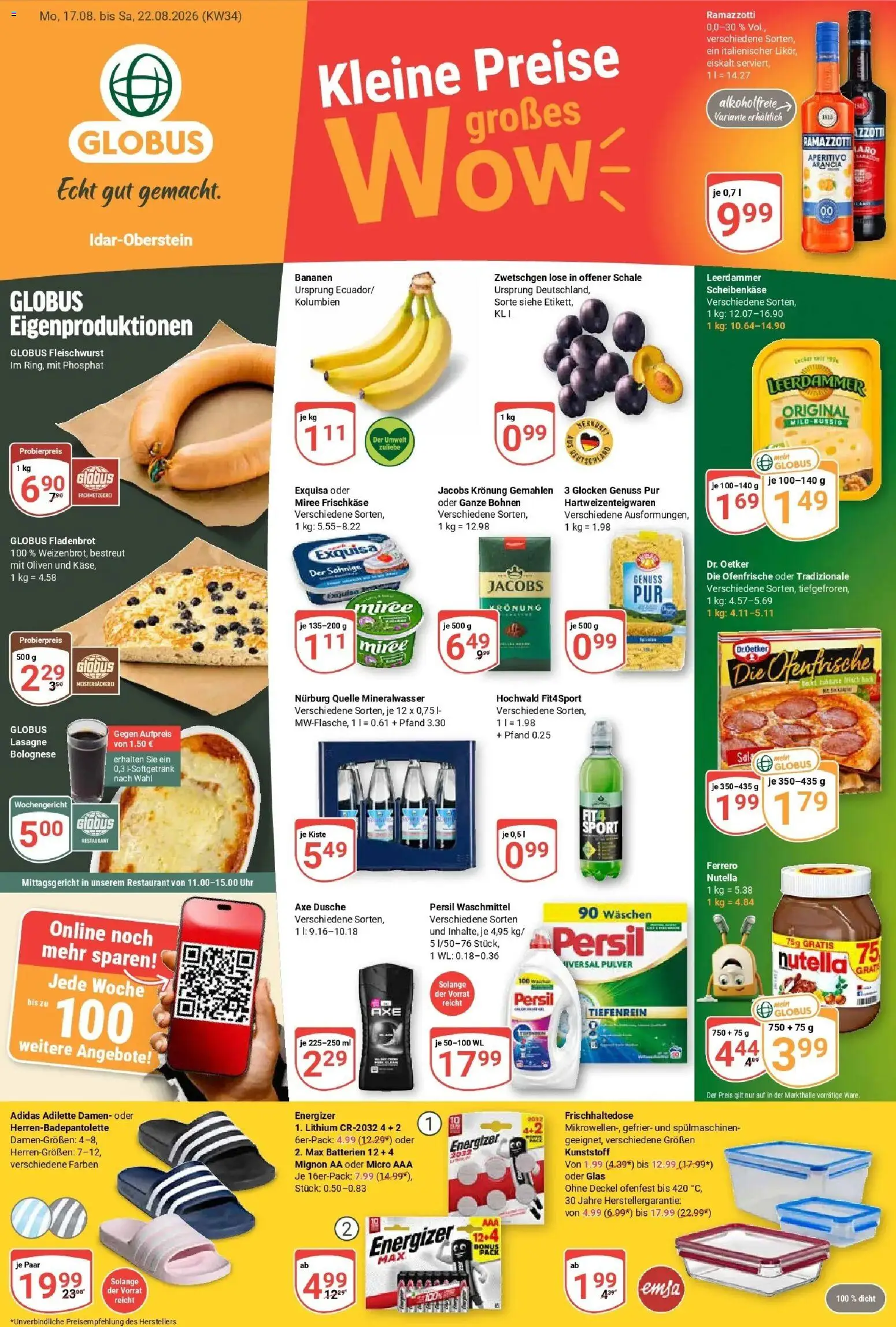 Globus Prospekt Idar-Oberstein (ab 17.08.2026) » Angebote online | Seite: 1 | Produkte: Bananen, Lasagne, Mineralwasser, Waschmittel