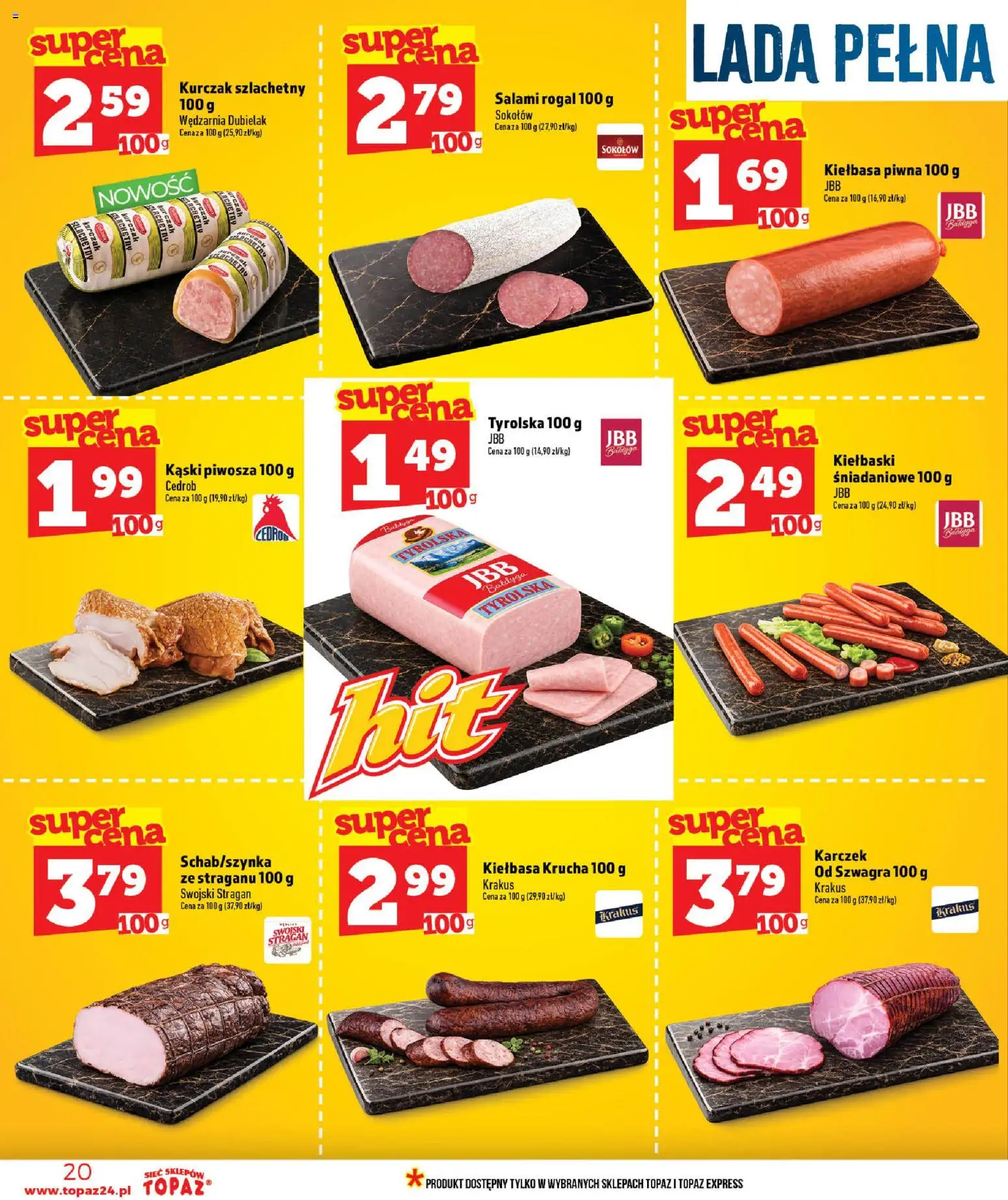 Topaz gazetka od 25.06.2026 | Strona: 20 | Produkty: Kiełbasa, Kurczak, Kiełbaski, Salami