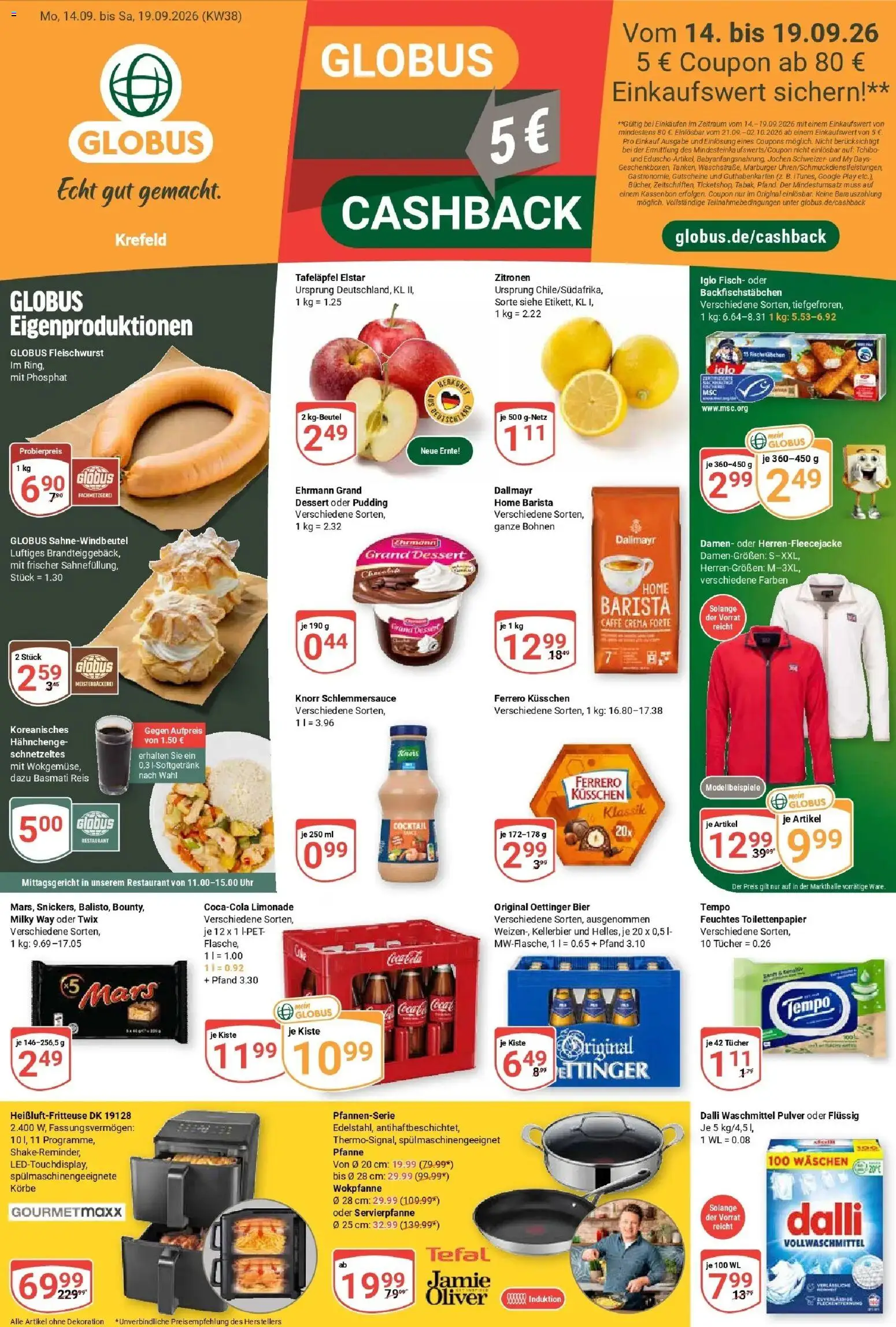 Globus Prospekt Krefeld (ab 14.09.2026) » Angebote online | Seite: 1 | Produkte: Tempo, Heißluftfritteuse, Uhr, Toilettenpapier