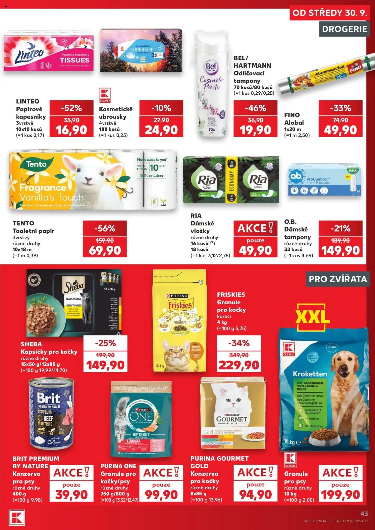 Kaufland leták - Plzeň od 30.09.2026 | Strana: 43 | Produkty: Granule pro psy, Papírové kapesníky, Ubrousky, Purina one