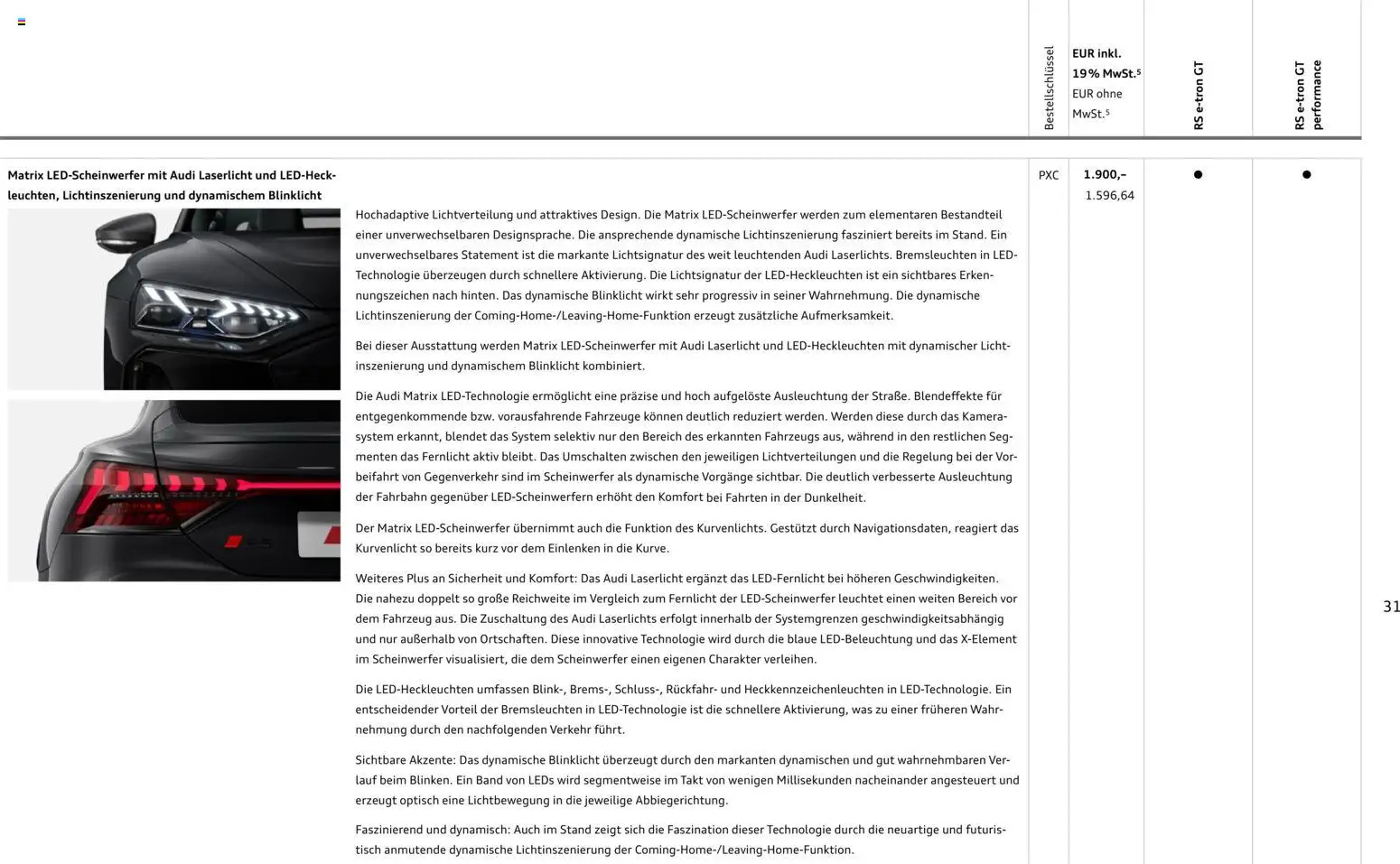 Audi RS e-tron GT / RS e-tron GT performance – gültig ab 02.10.2026 | Seite: 31 | Produkte: Kamera, Tisch