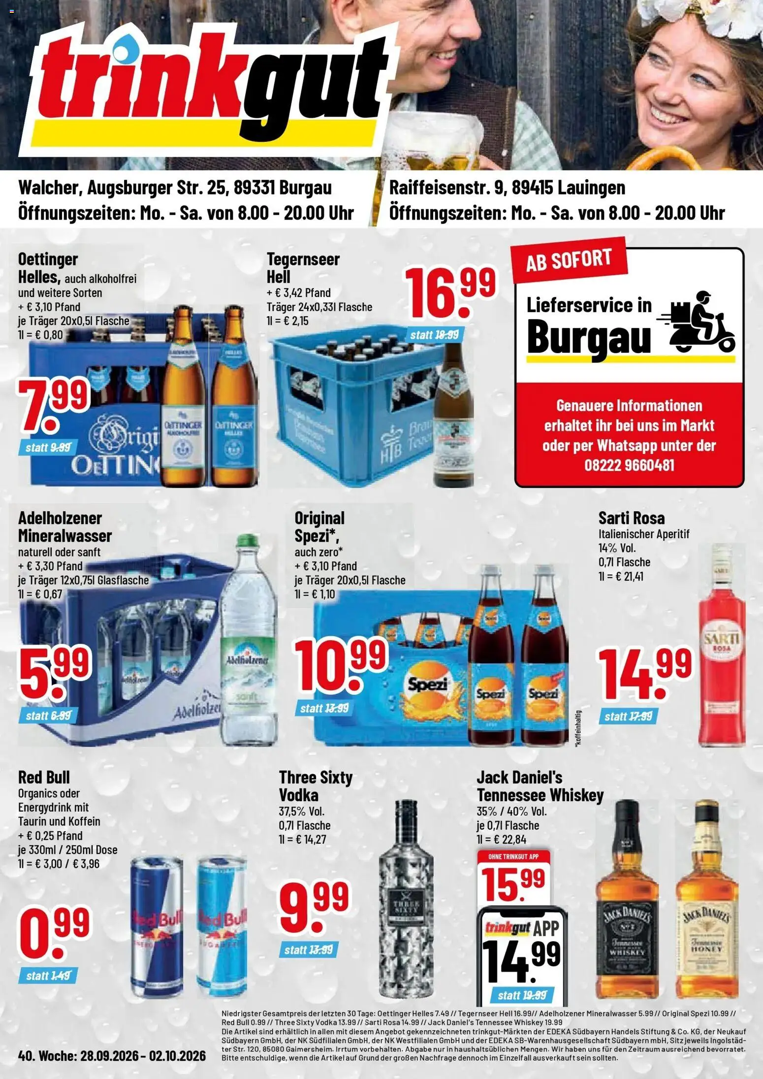 Trinkgut Prospekt Lauingen (ab 28.09.2026) » Angebote online | Seite: 1 | Produkte: Jack Daniel's, Oettinger, Vodka, Whiskey