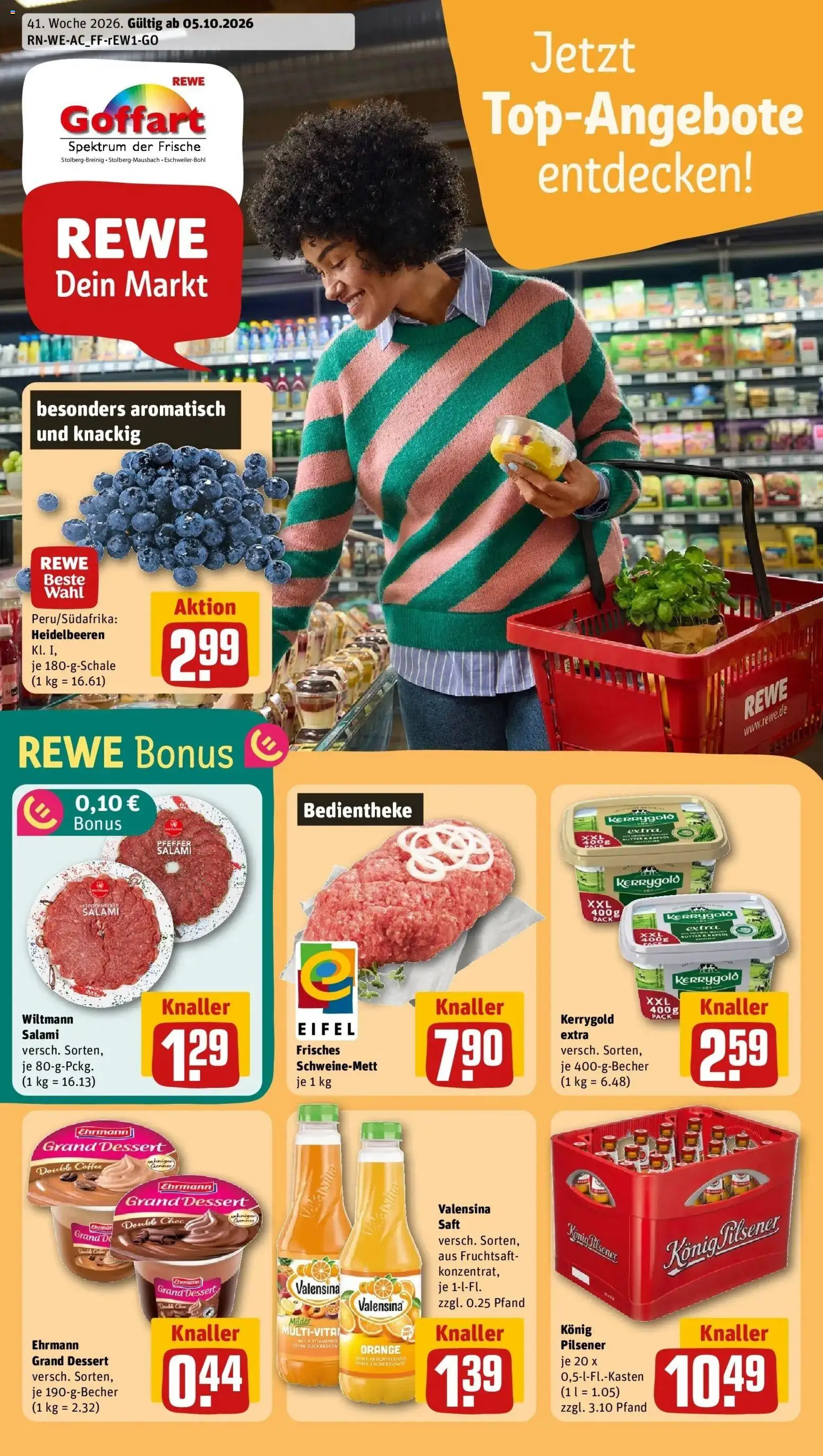 REWE Prospekt ab 05.10.2026 zum Blättern » Angebote | Seite: 1 | Produkte: Butter, Valensina, Salami, Fruchtsaft