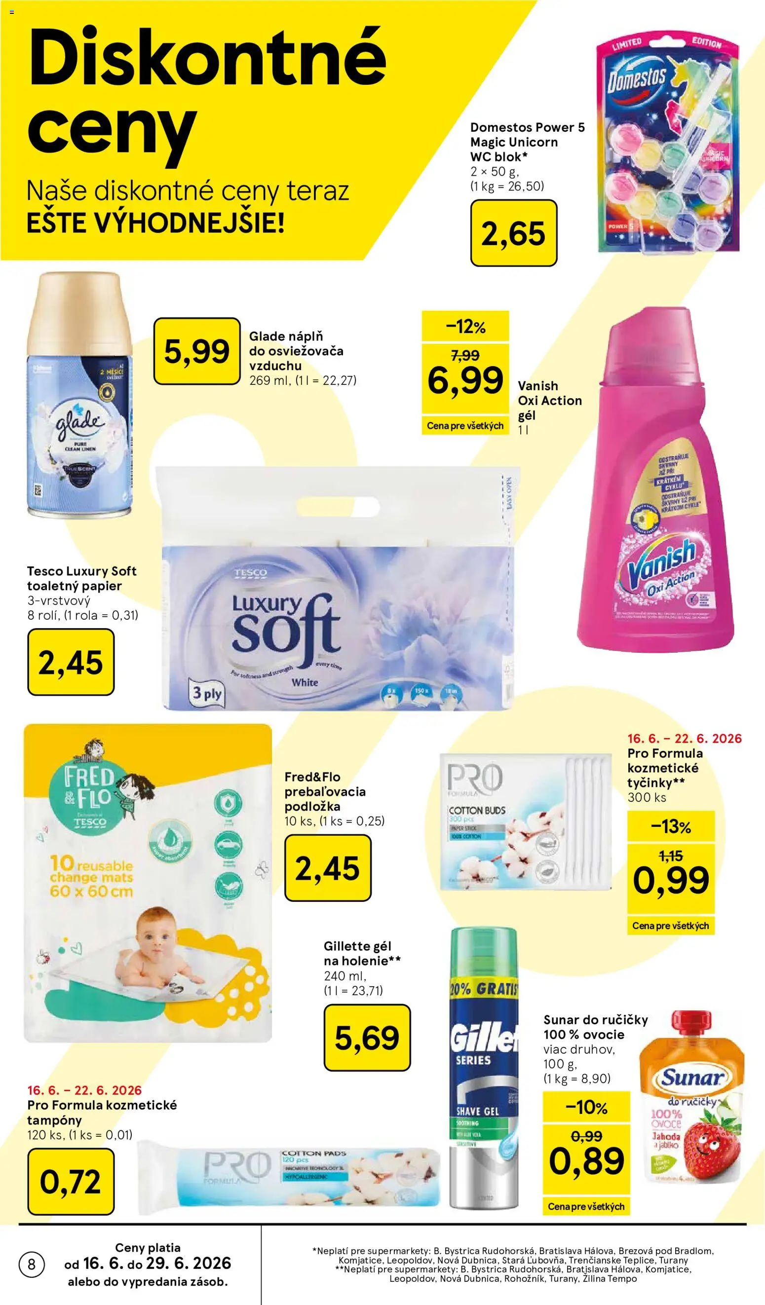 Nové Tesco akcie – leták je platný od 17.06.2026 | Strana: 8 | Produkty: Toaletný papier, Sunar, Domestos, Ovocie