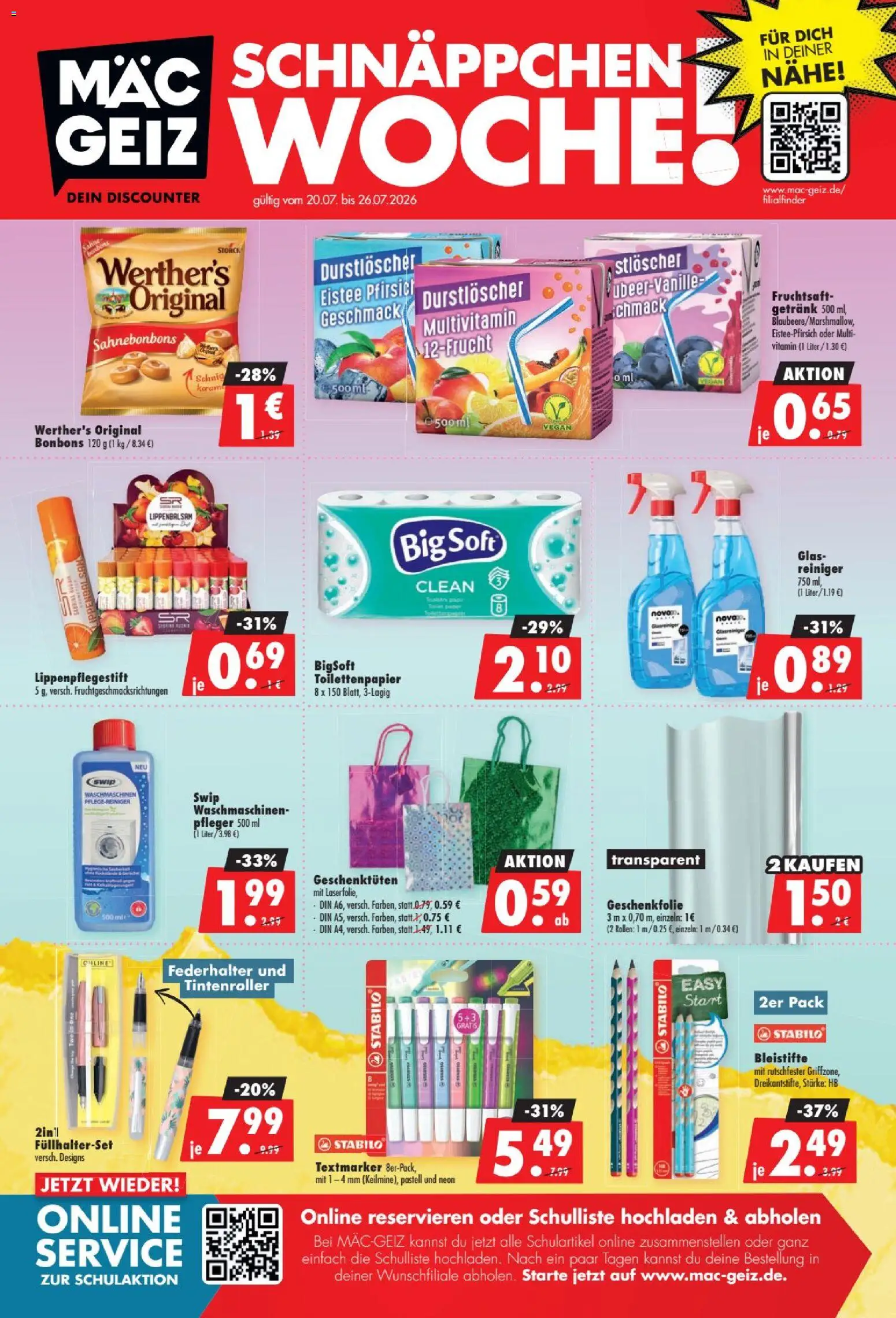 Mäc Geiz Prospekt – gültig ab 20.07.2026 | Seite: 1 | Produkte: Durstloscher, Pfirsich, Fruchtsaft, Lippenbalsam