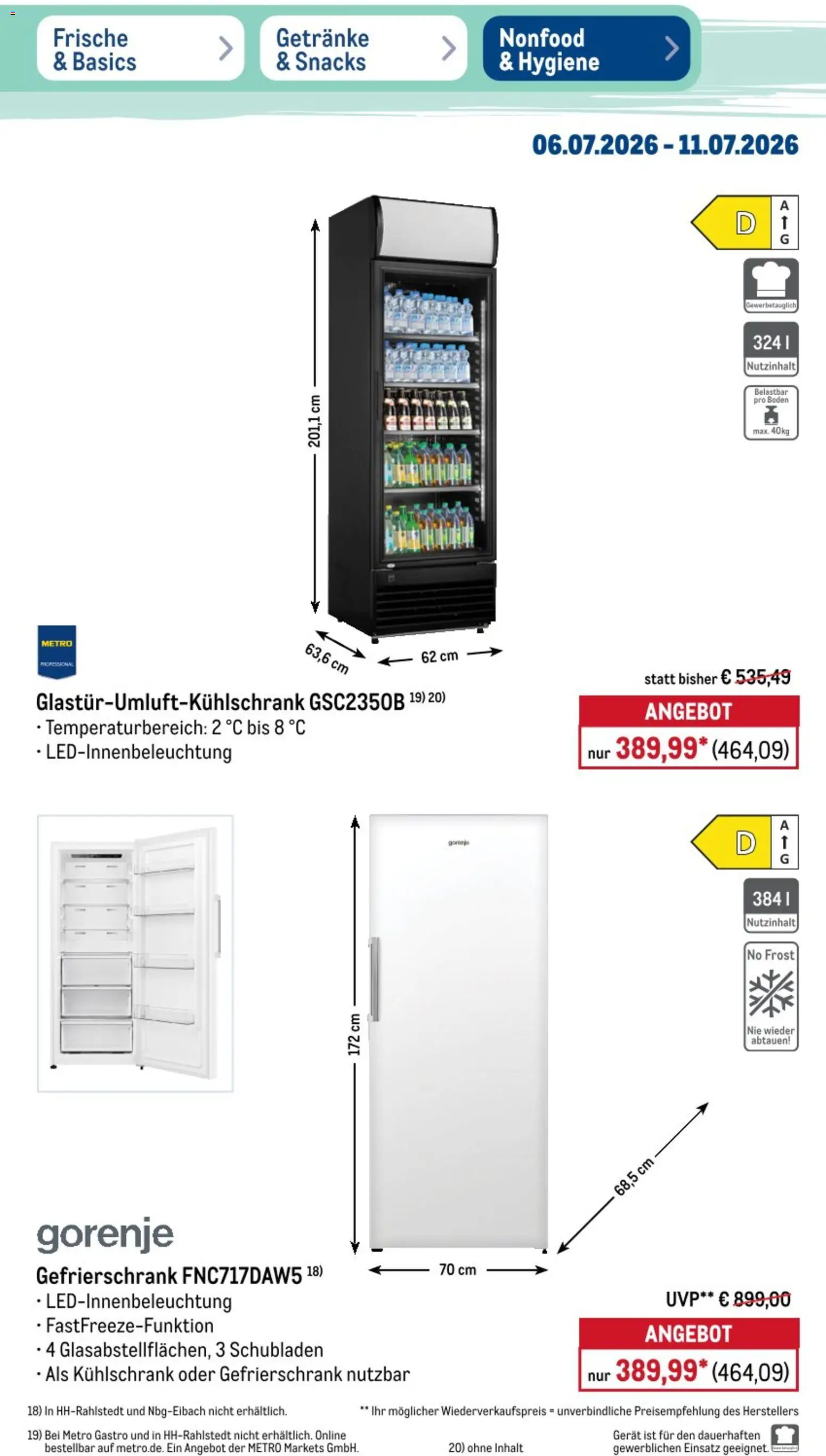 Metro Non Food & Hygiene – gültig ab 06.07.2026 | Seite: 10 | Produkte: Gorenje, Gefrierschrank, Kühlschrank