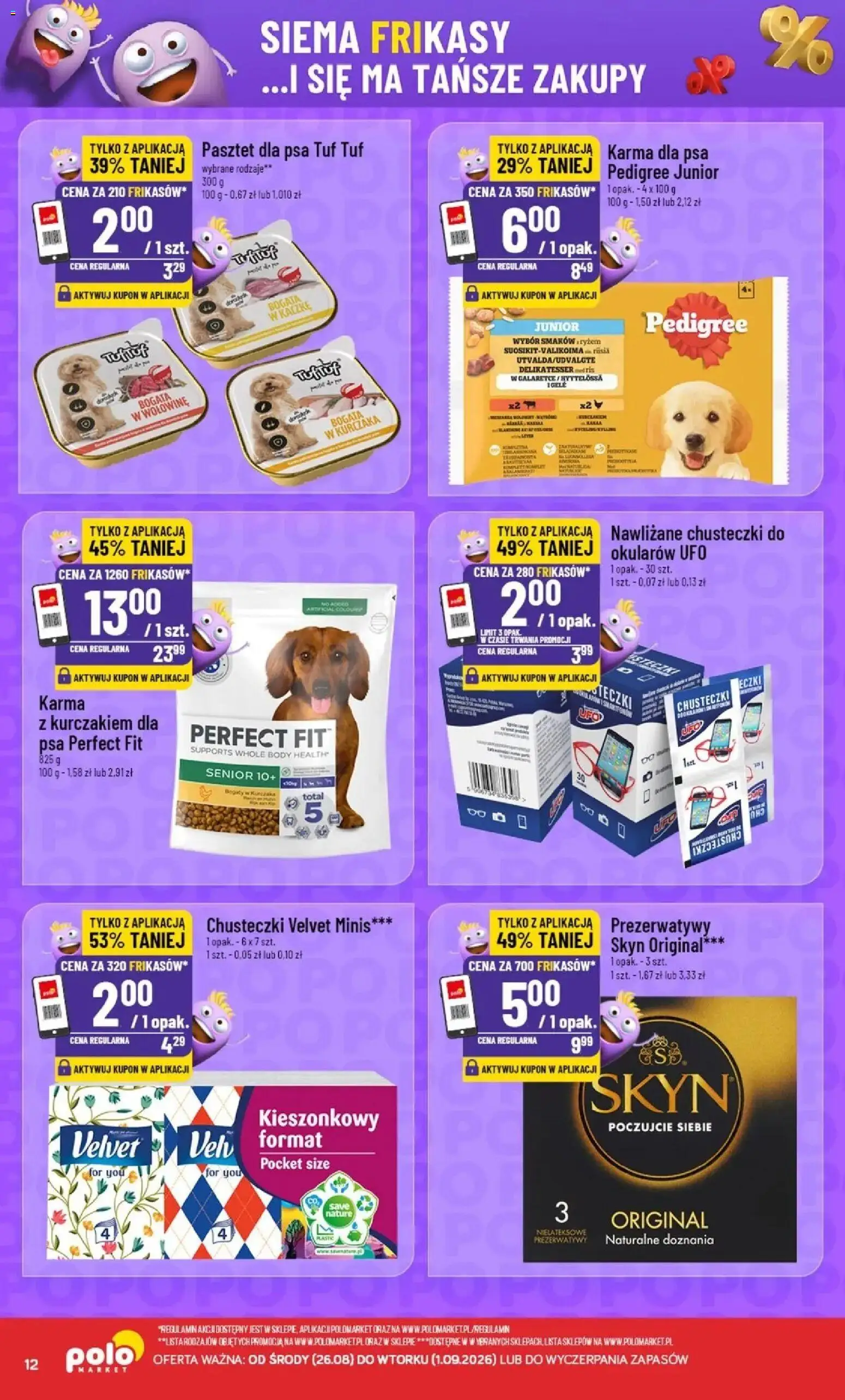 Nowa POLOmarket gazetka od jutra 26.08.2026 | Strona: 12 | Produkty: Chusteczki do okularów, Pasztet, Karma dla psa pedigree, Perfect Fit