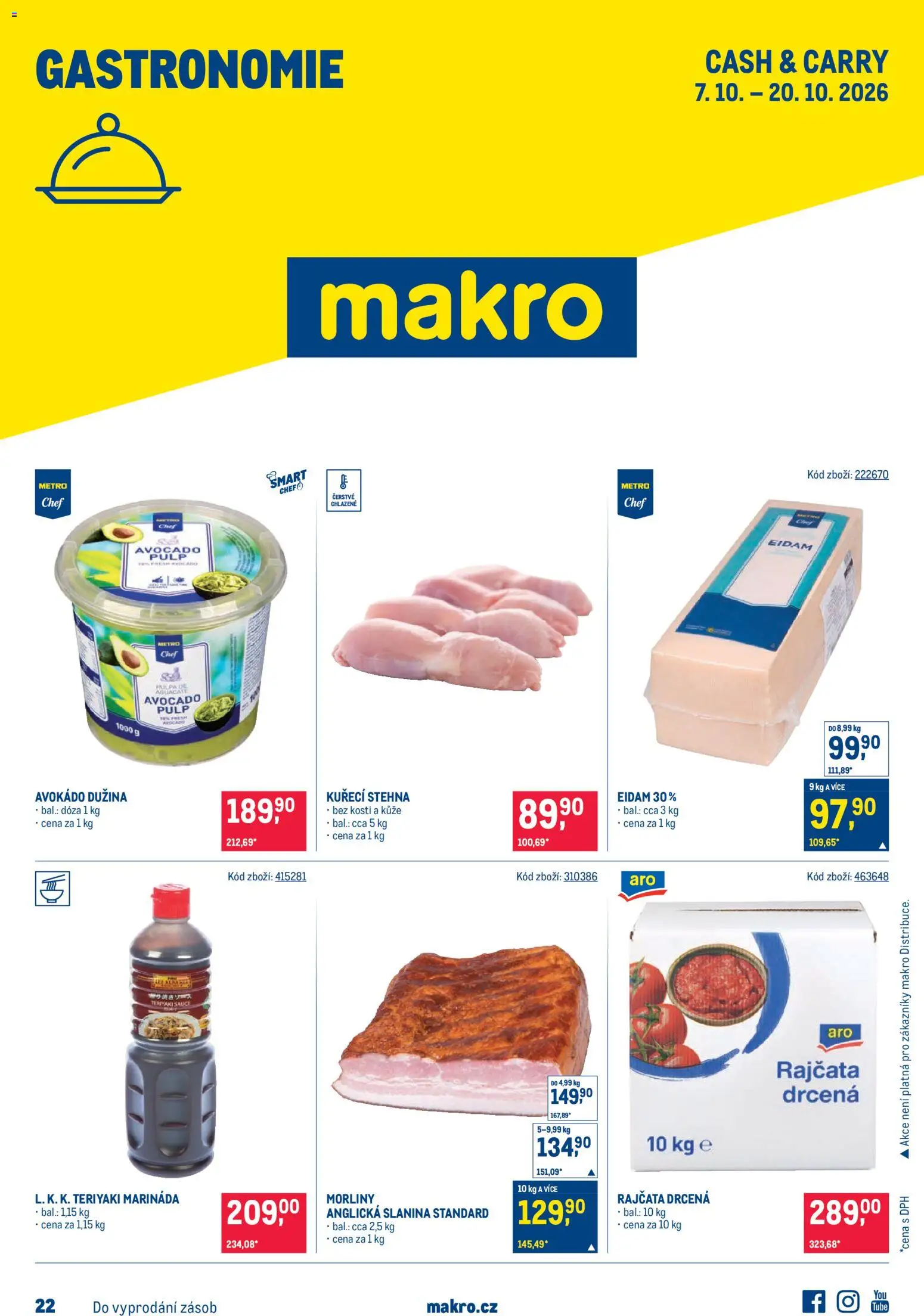 Makro leták - Gastronomie od 07.10.2026 | Strana: 1 | Produkty: Rajčata, Anglická slanina, Eidam, Kuřecí stehna