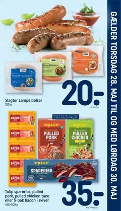 Tulip spareribs, pulled pork, pulled chicken taco eller 5-pak bacon i skiver, 450-500 g gyldig fra 26.05.2026 | Side: 29