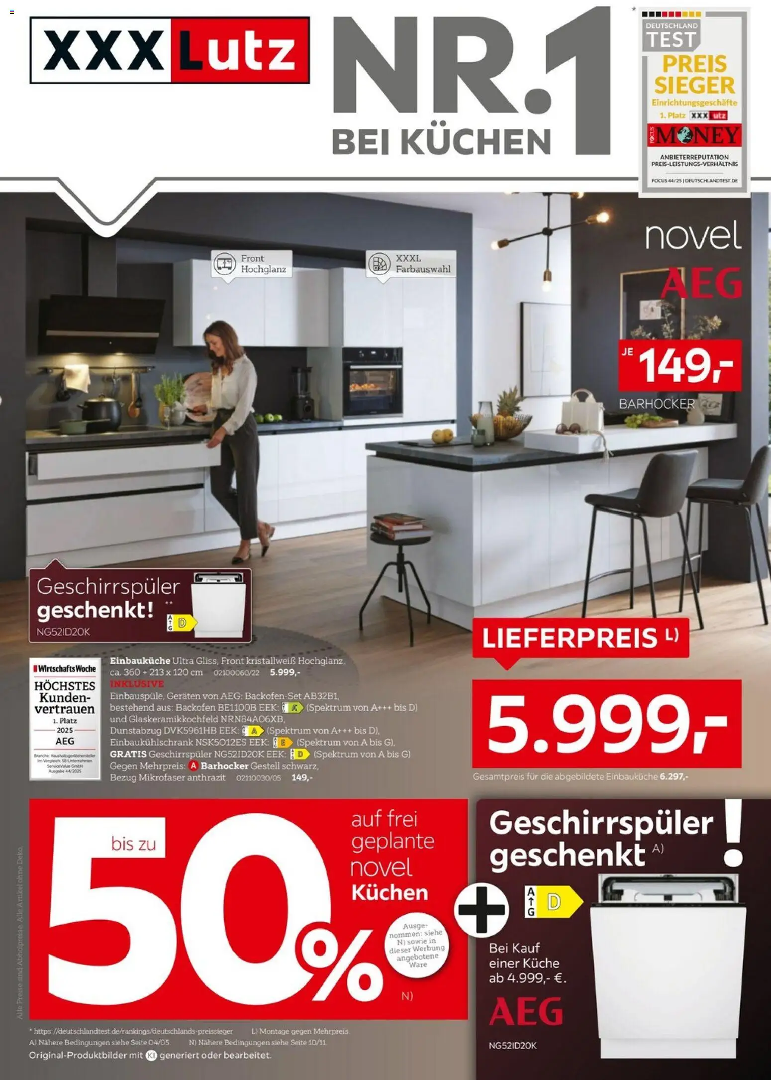 XXXLutz Nr. 1 bei Küchen – gültig ab 26.09.2026 | Seite: 1 | Produkte: AEG, Geschirrspüler, Einbauküche, Backofen