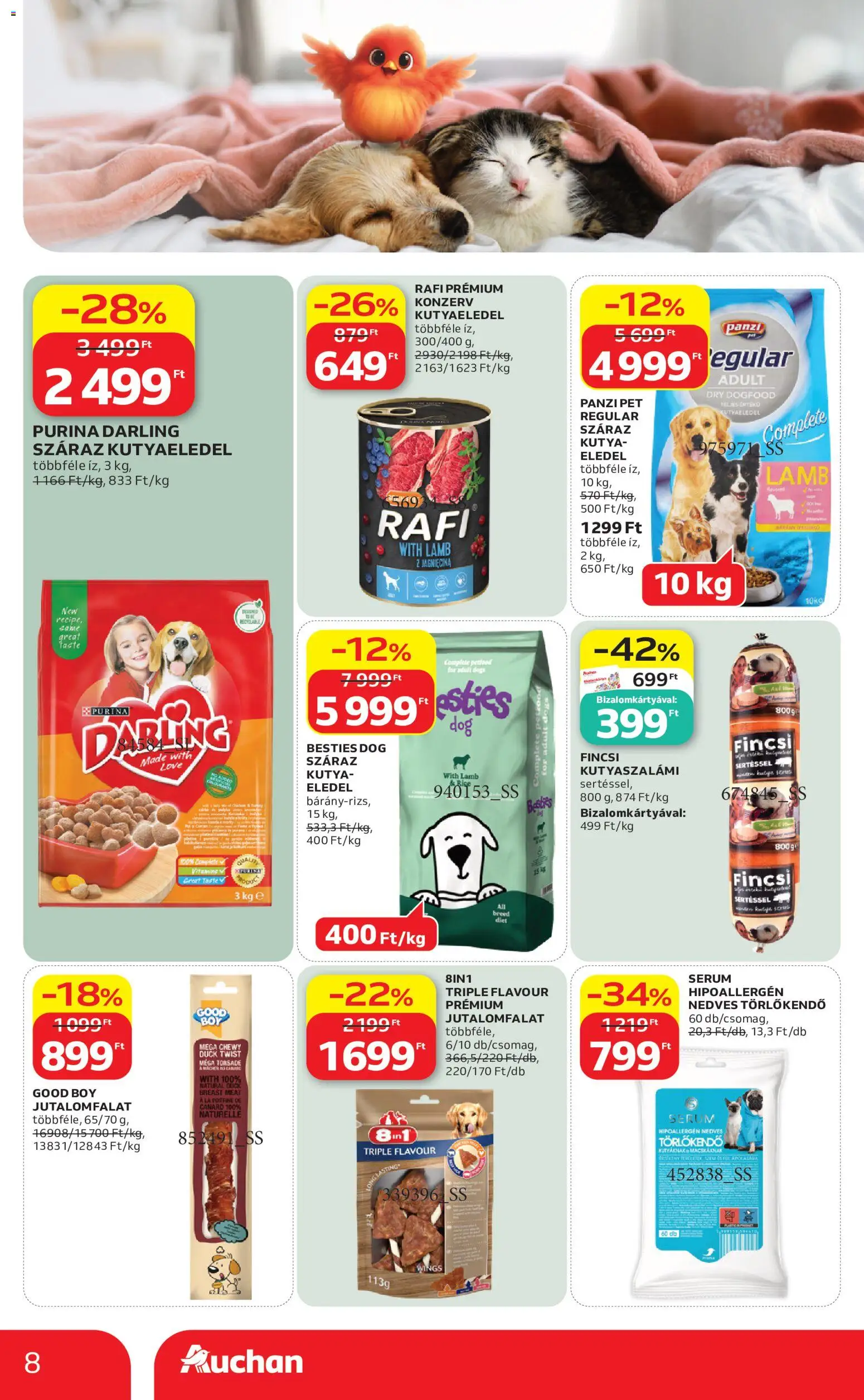 Auchan akciós ujság - amely érvényes a következő dátumtól: 2026.09.10. | Oldal: 8 | Termékek: Kutyaszalámi, Nedves törlőkendő, Purina, Száraz kutyaeledel
