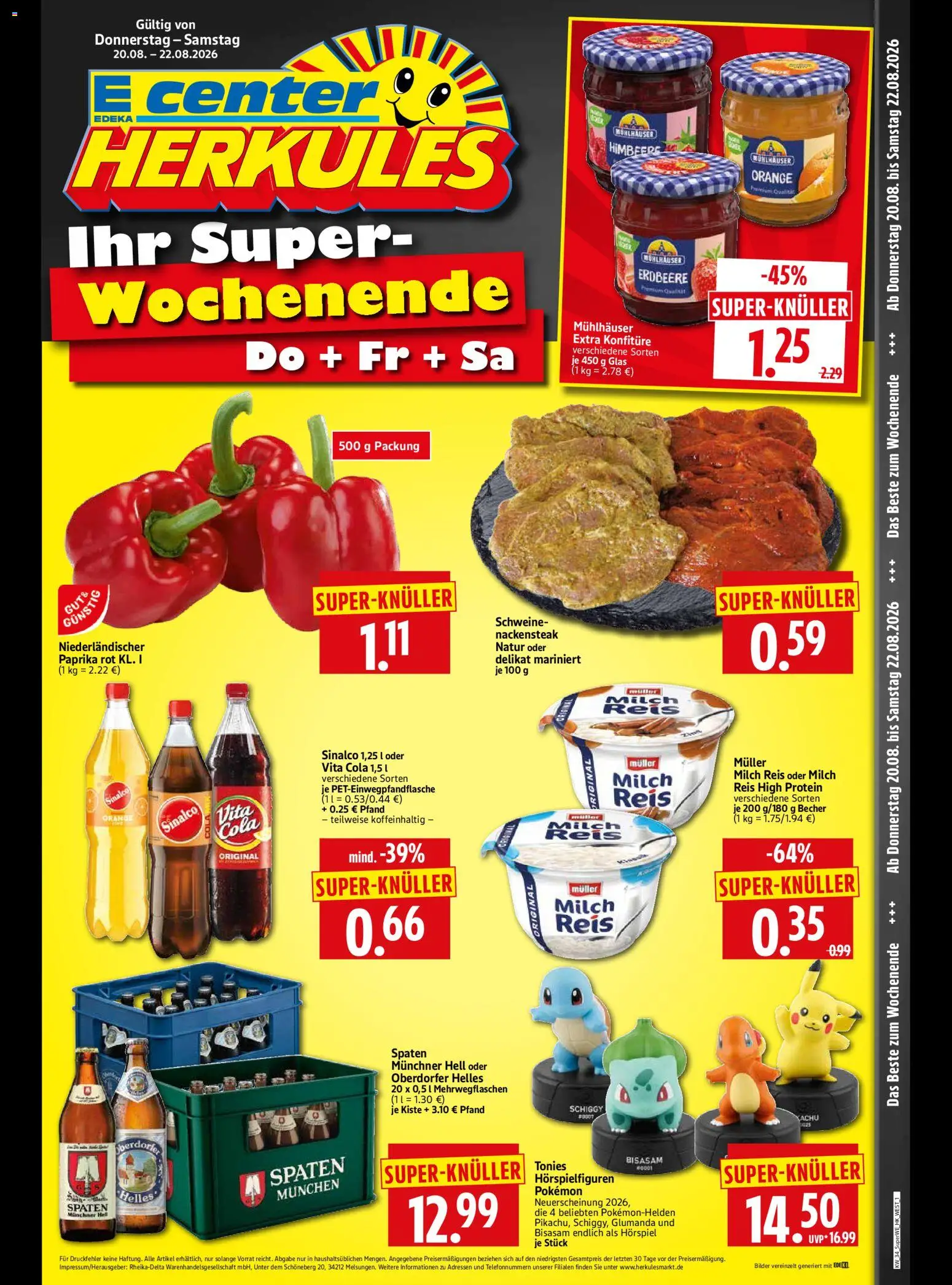 HERKULES Sonderbeilage – gültig ab 20.08.2026 | Seite: 1 | Produkte: Sinalco, Milch, Paprika, Vita cola