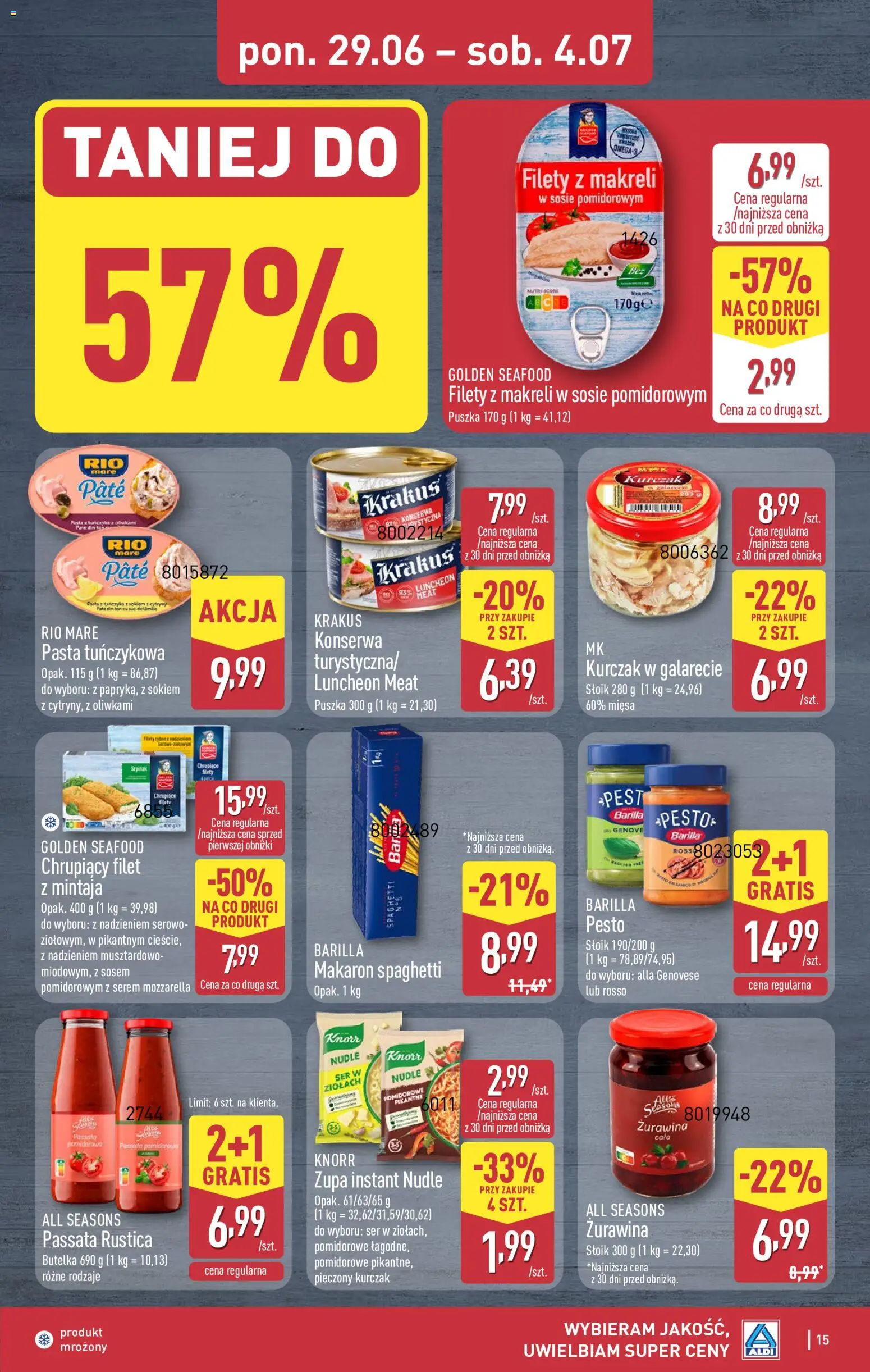 Aldi gazetka od 29.06.2026 | Strona: 15 | Produkty: Makaron spaghetti, Żurawina, Zupa, Makaron