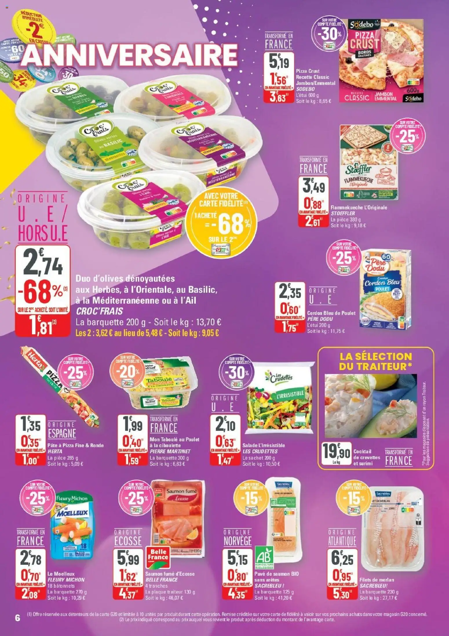 {H1} | Page: 6 | Produits: Pavé de saumon, Olives, Pâte à pizza, Cordon bleu