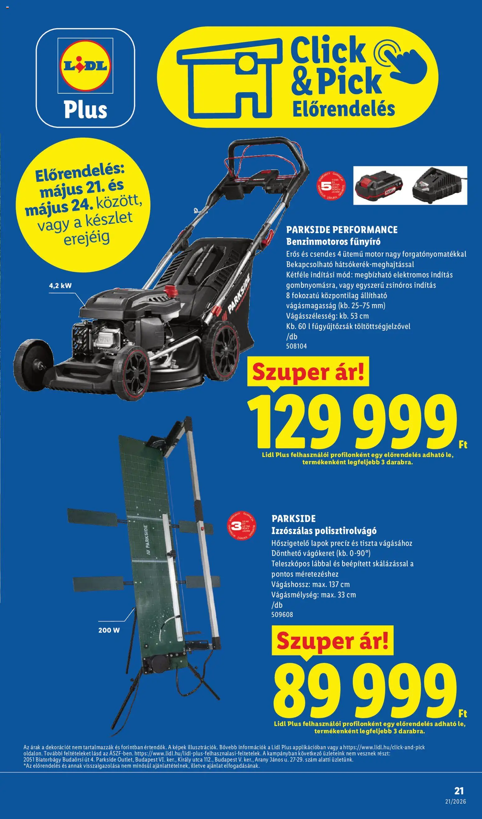 Lidl akciós ujság - amely érvényes a következő dátumtól: 21.05.2026 | Oldal: 21 | Termékek: Parkside, Pick, Fűnyíró