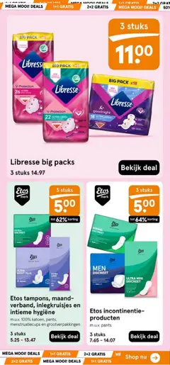Etos tampons, maandverband, inlegkruisjes en intieme hygiëne, Etos tampons, maandverband, inlegkruisjes en intieme hygiëne m.u.v. 100% katoen, pants, menstruatiecups en grootverpakkingen - Voorbeeld van een folder van Etos, geldig van 08.06.2026 | Pagina: 42