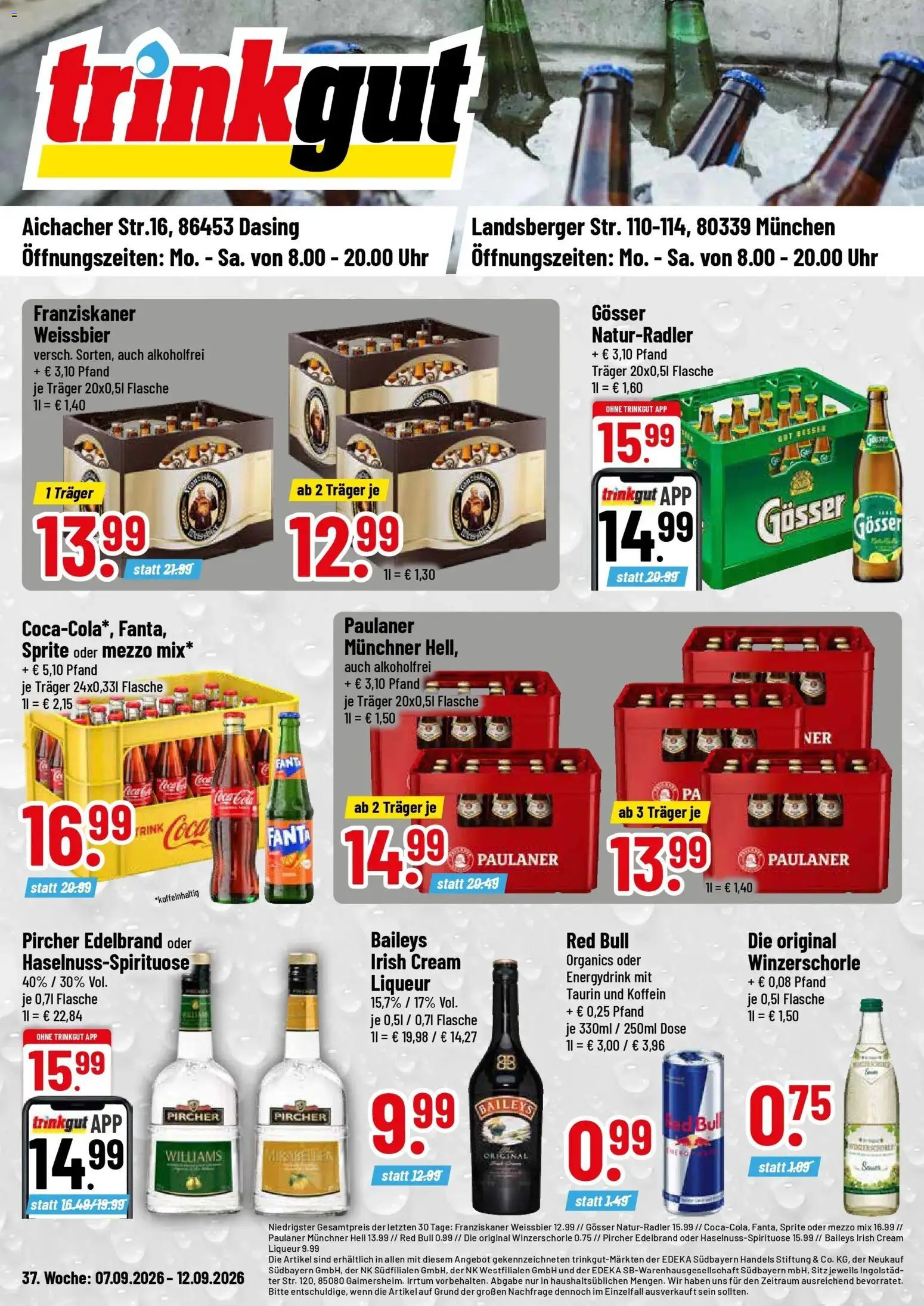 Trinkgut Prospekt Dasing (ab 07.09.2026) » Angebote online | Seite: 1 | Produkte: Franziskaner, Mezzo mix, Weißbier, Oder mezzo mix