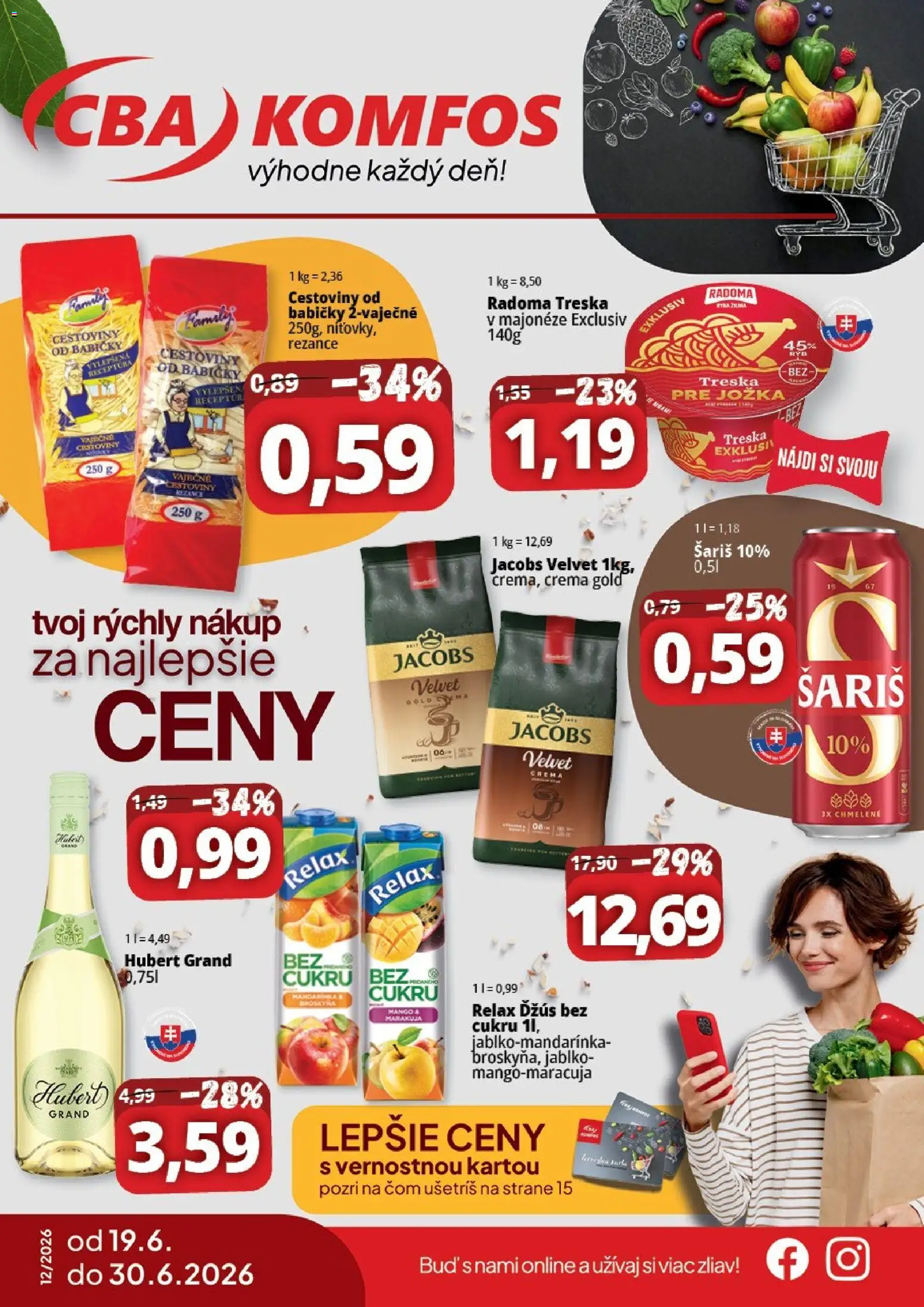 Nové CBA Komfos akcie – leták je platný od 19.06.2026 | Strana: 1 | Produkty: Jacobs Velvet, Džús, Šariš, Treska