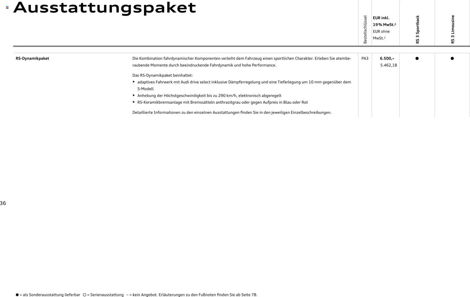 Audi RS 3 Sportback / RS 3 Limousine – gültig ab 28.10.2025 | Seite: 36