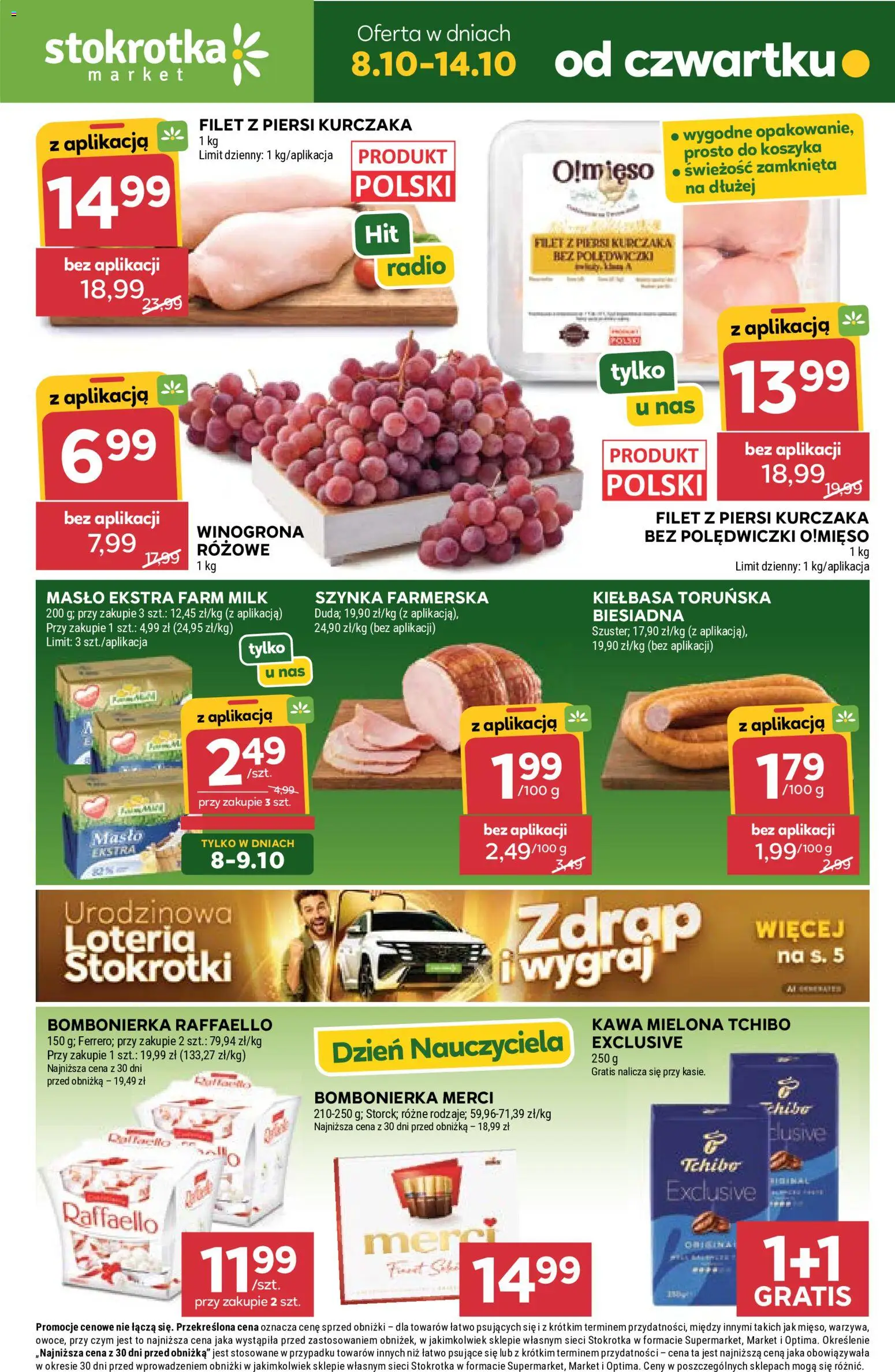 Stokrotka gazetka - Market od 08.10.2026 | Strona: 1 | Produkty: Winogrona, Piersi, Masło, Filet z piersi kurczaka