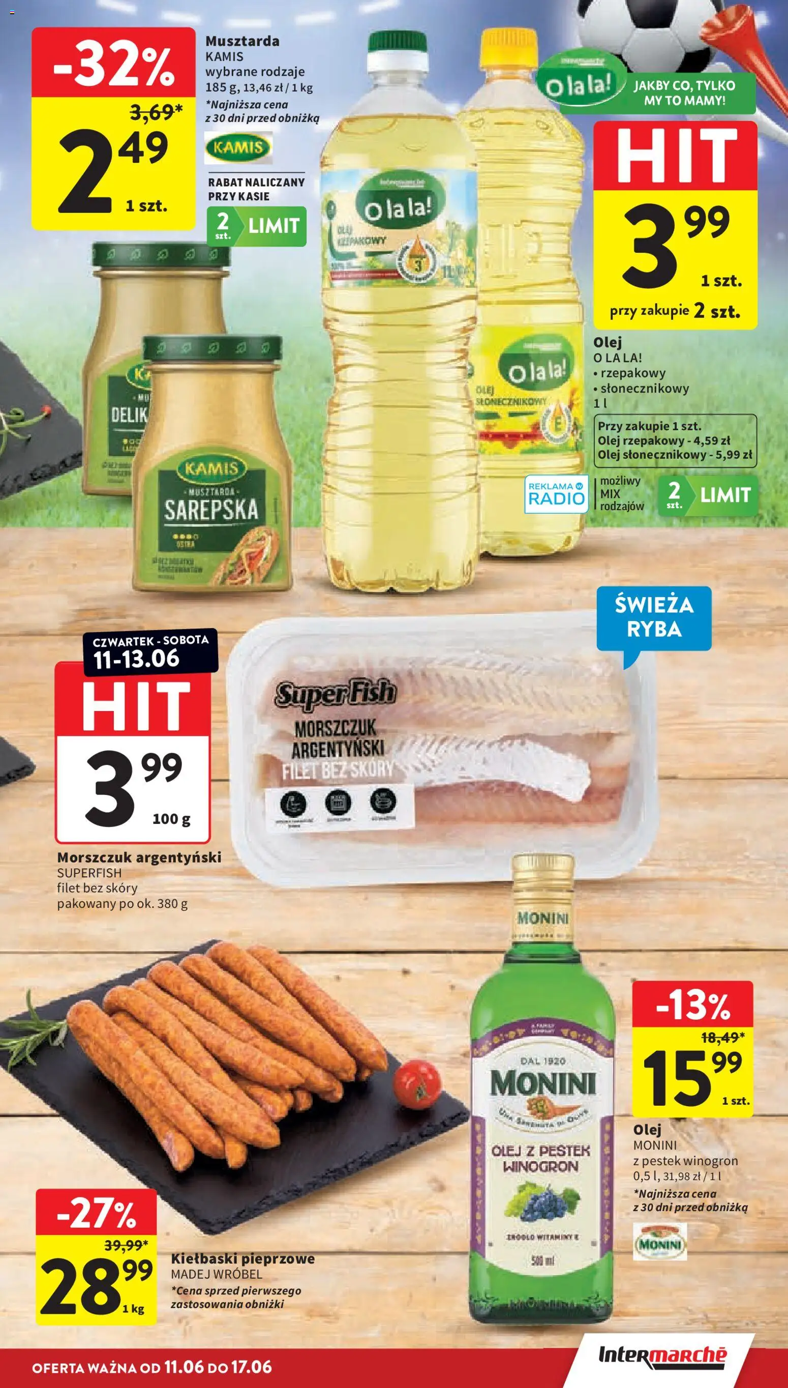 Intermarche gazetka od 11.06.2026 | Strona: 13 | Produkty: Kiełbaski, Musztarda, Morszczuk, Ryba