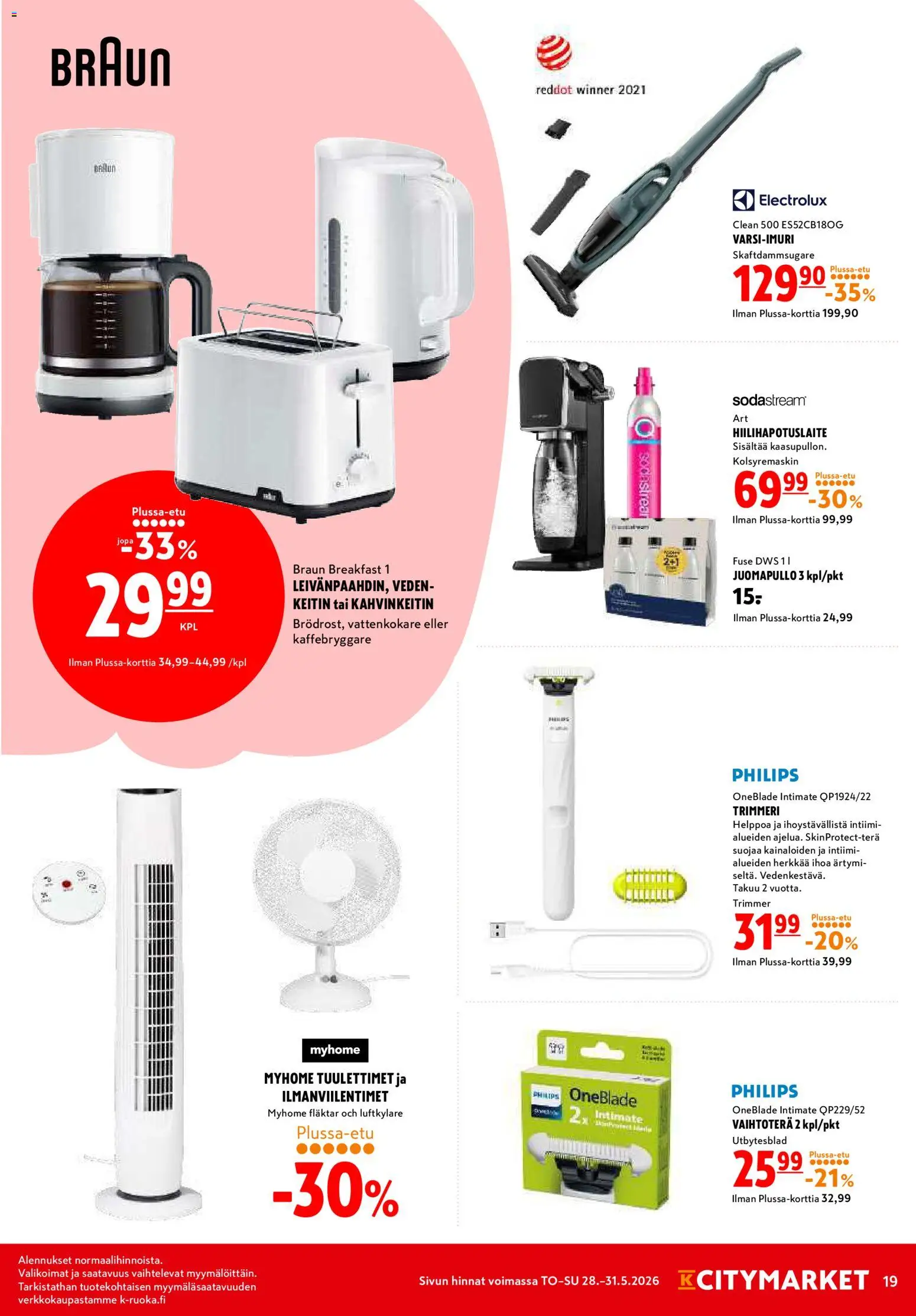 K-Citymarket tarjoukset – voimassa 28.05.2026 alkaen | Sivu: 19 | Tuotteet: Kahvinkeitin, Hiilihapotuslaite, Trimmeri
