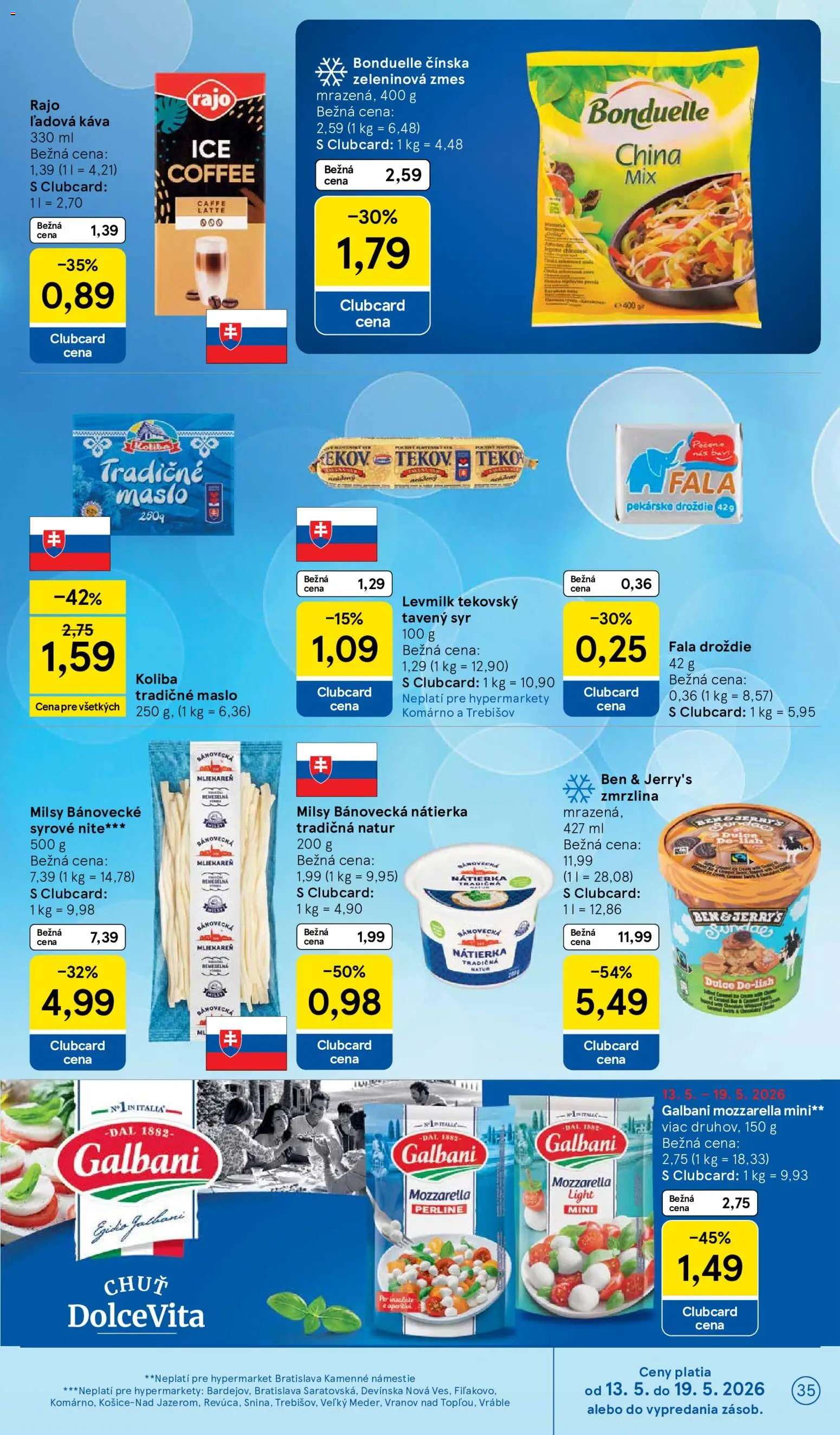 Nové Tesco akcie – leták je platný od 13.05.2026 | Strana: 35 | Produkty: Maslo, Káva, Mozzarella, Zmrzlina