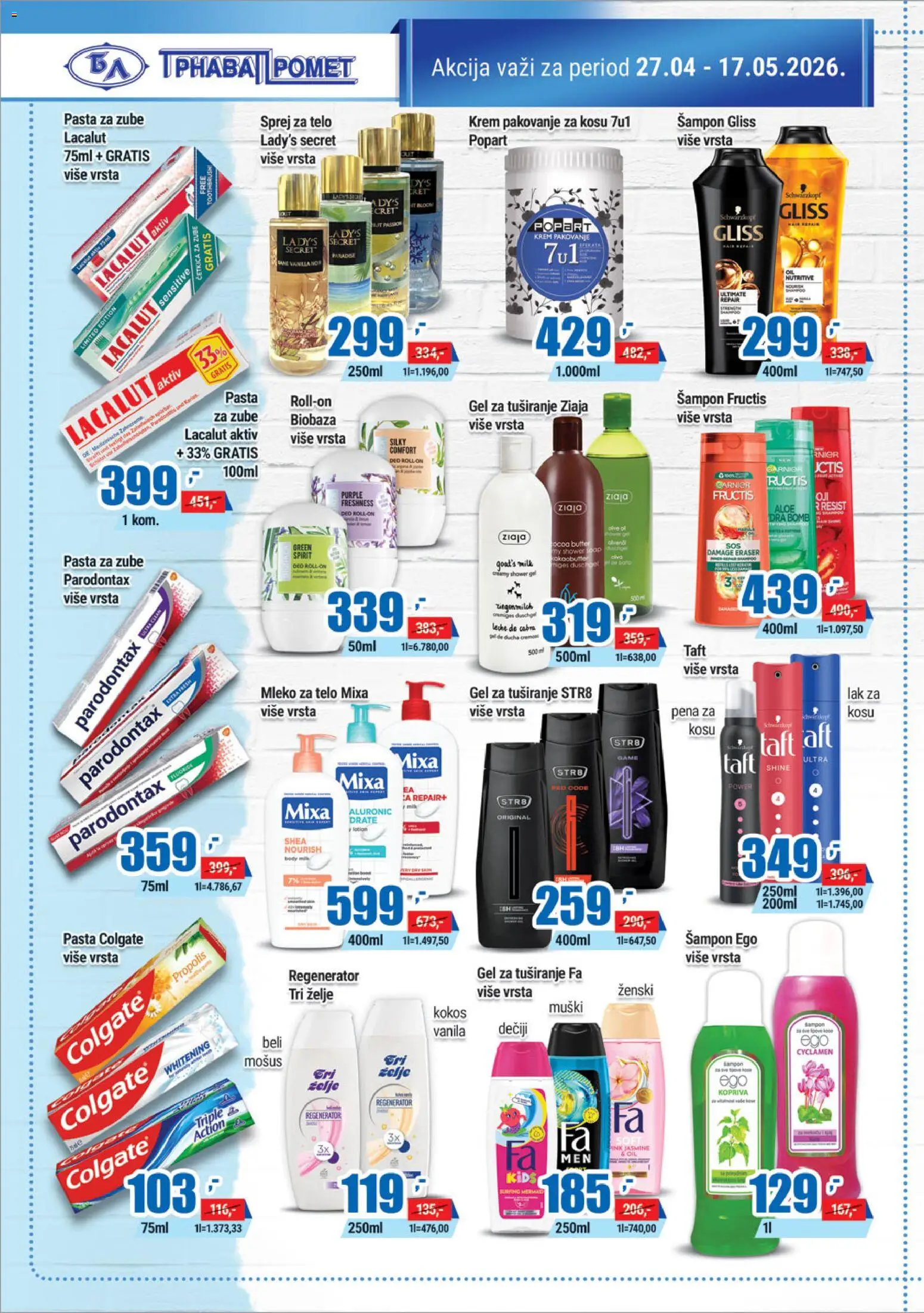 Trnava Promet katalog - važi od 27.04.2026 | Strana: 18 | Proizvode: Colgate, Garnier, Pakovanje, Mleko za telo