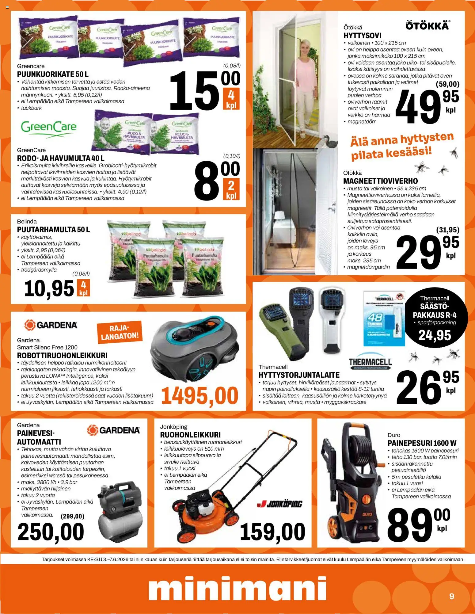 Minimani tarjoukset – voimassa 03.06.2026 alkaen | Sivu: 9 | Tuotteet: Verho, Robottiruohonleikkuri, Ruohonleikkuri, Painepesuri