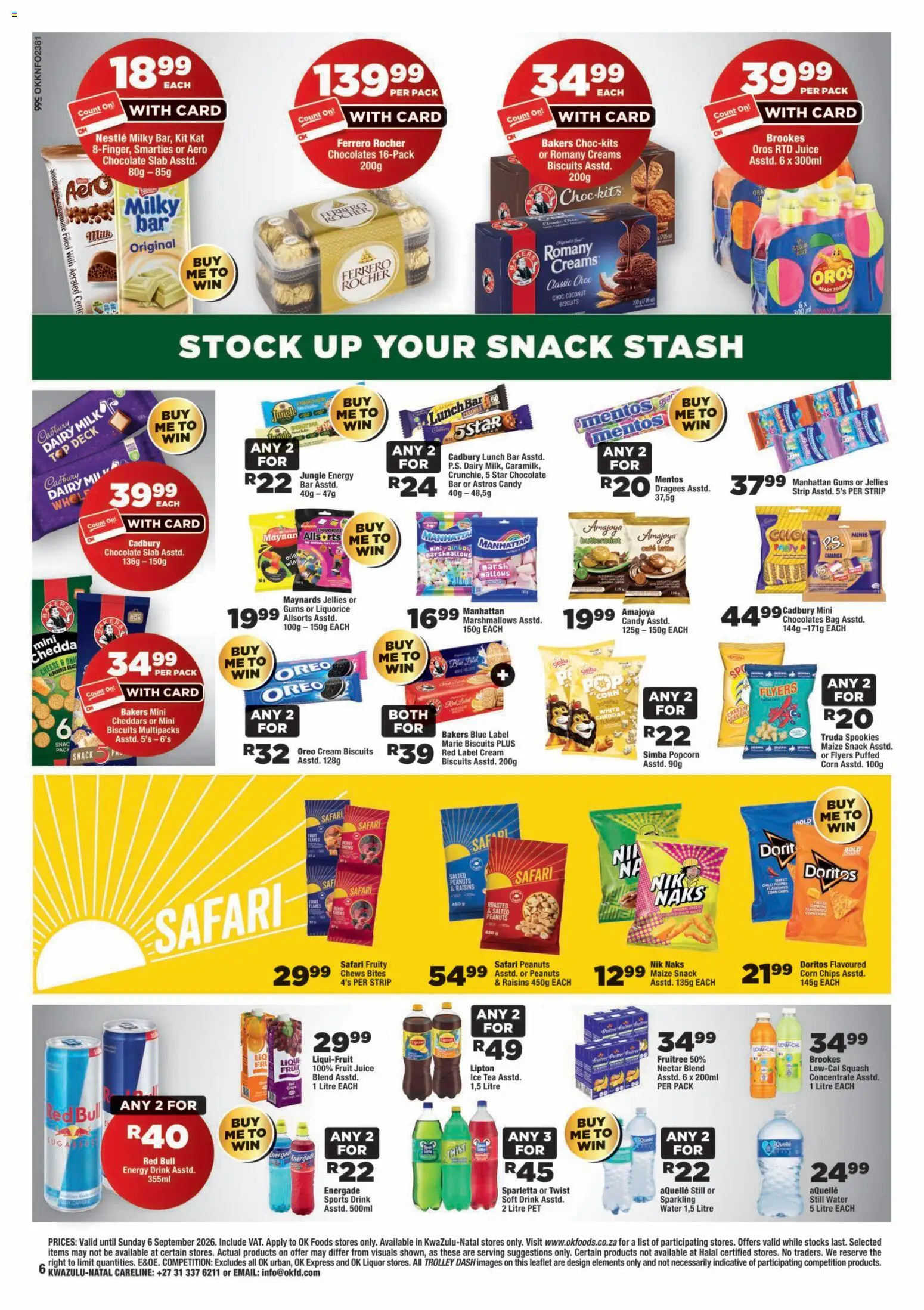 New OK Foods catalogue – valid from 25/08/2026 | Page: 6 | Products: Biscuits, Juice, Cheddar, Water